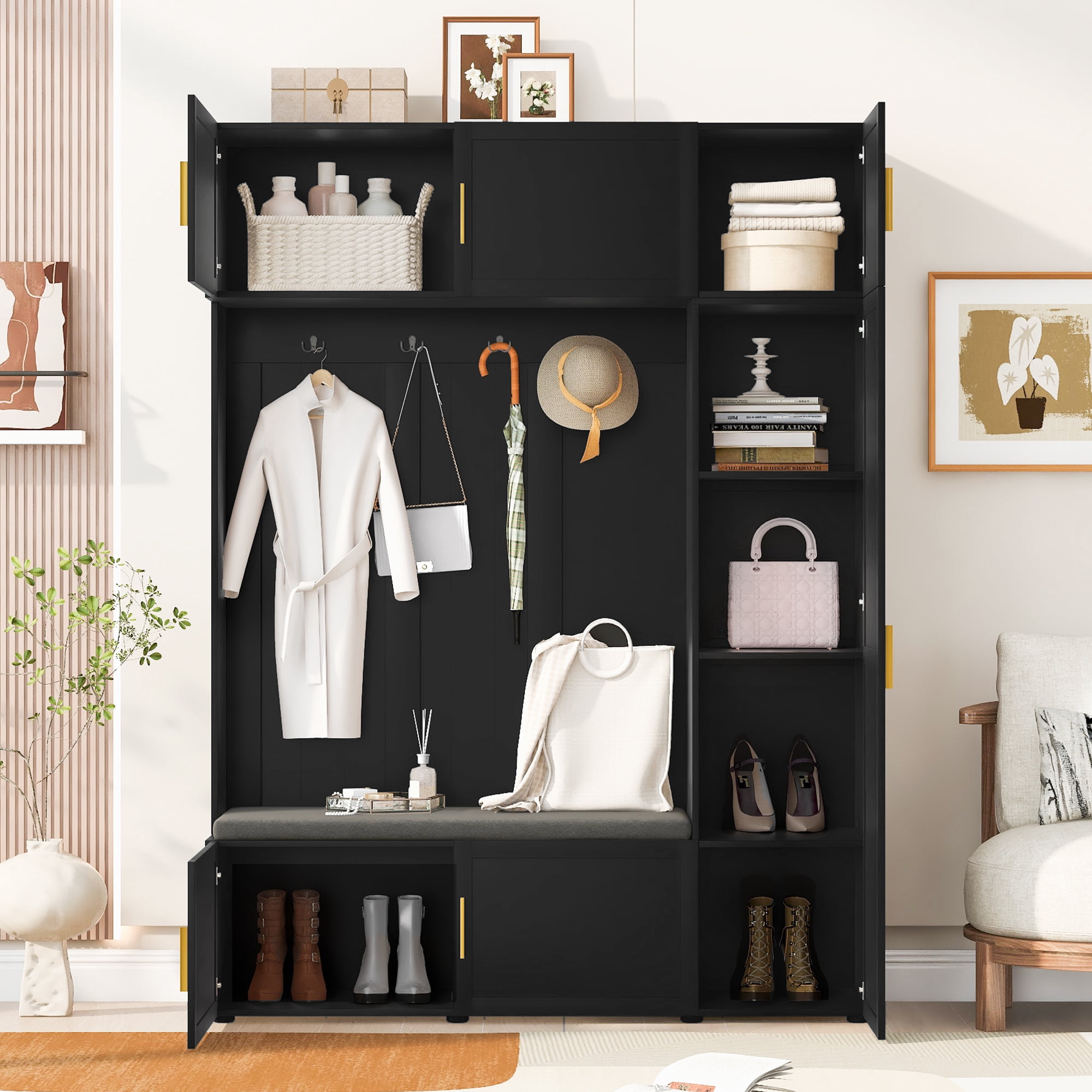 Mintazer All‑in‑One Hall Tree with Cushioned Shoe Bench & Hooks, Entryway Storage Organizer with Cabinets & Open Shelves for Mudroom Hallway, Black