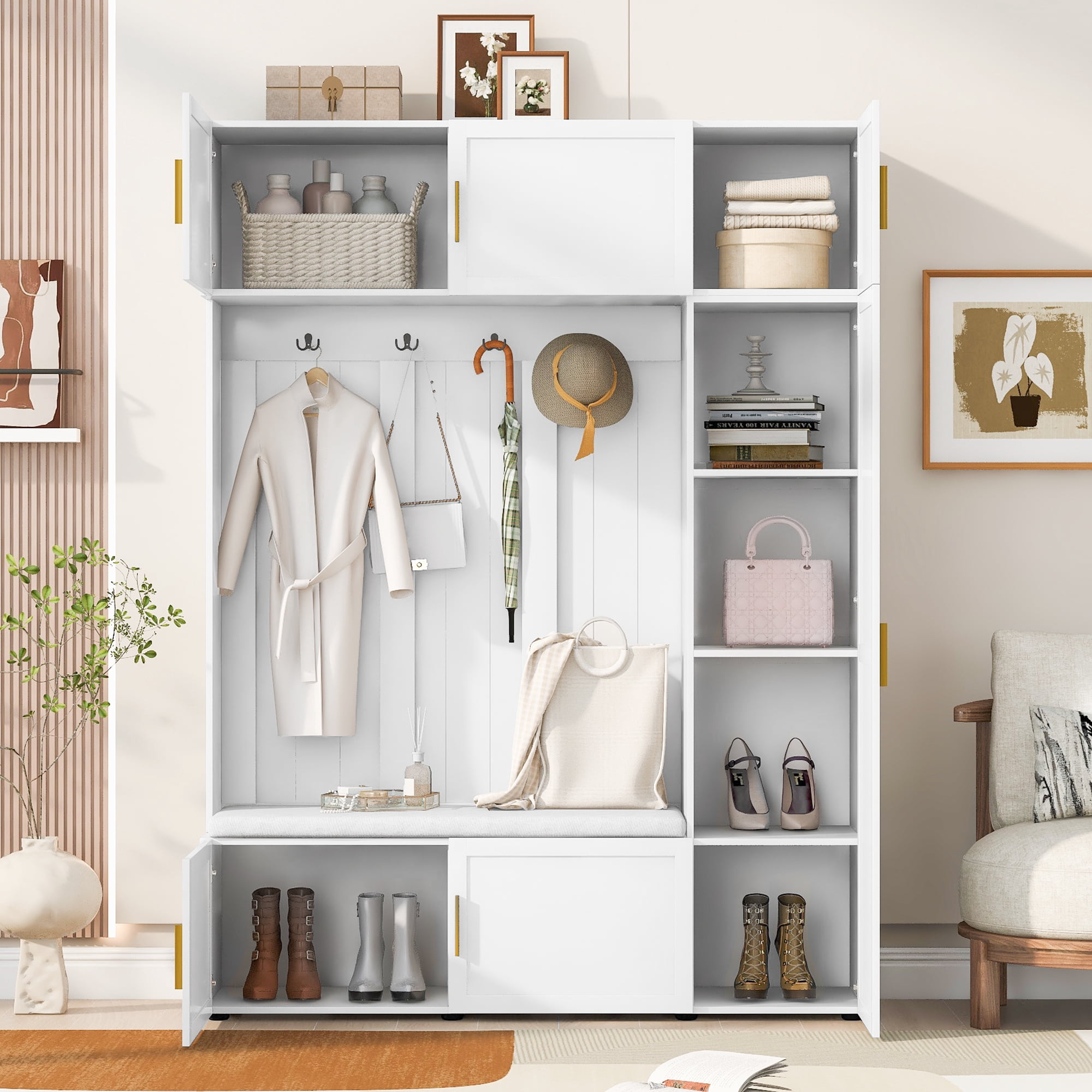 Mintazer All‑in‑One Hall Tree with Cushioned Shoe Bench & Hooks, Entryway Storage Organizer with Cabinets & Open Shelves for Mudroom Hallway, White