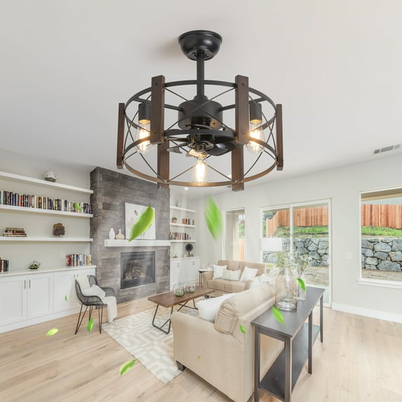 Mintazer American Industrial Vintage Open Caged Fan Lamp DC Motor 110V Remote control Ceiling Fan Light for Living Room, Bedroom and Kitchen, Black