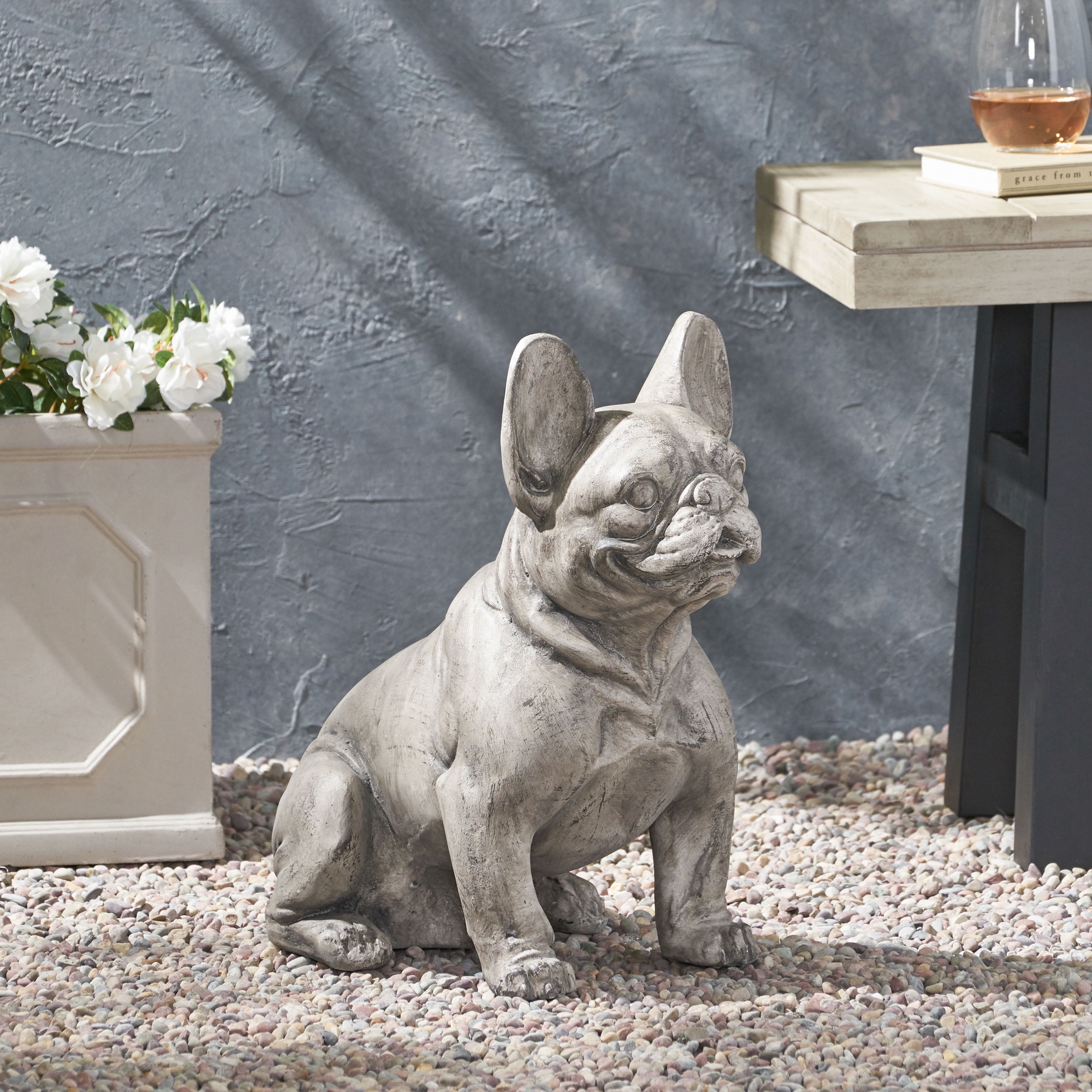 Mintazer Antique Bulldog Garden Statue, Weatherproof Concrete Dog Sculpture Lawn Ornament for Patio Backyard Poolside, Gray
