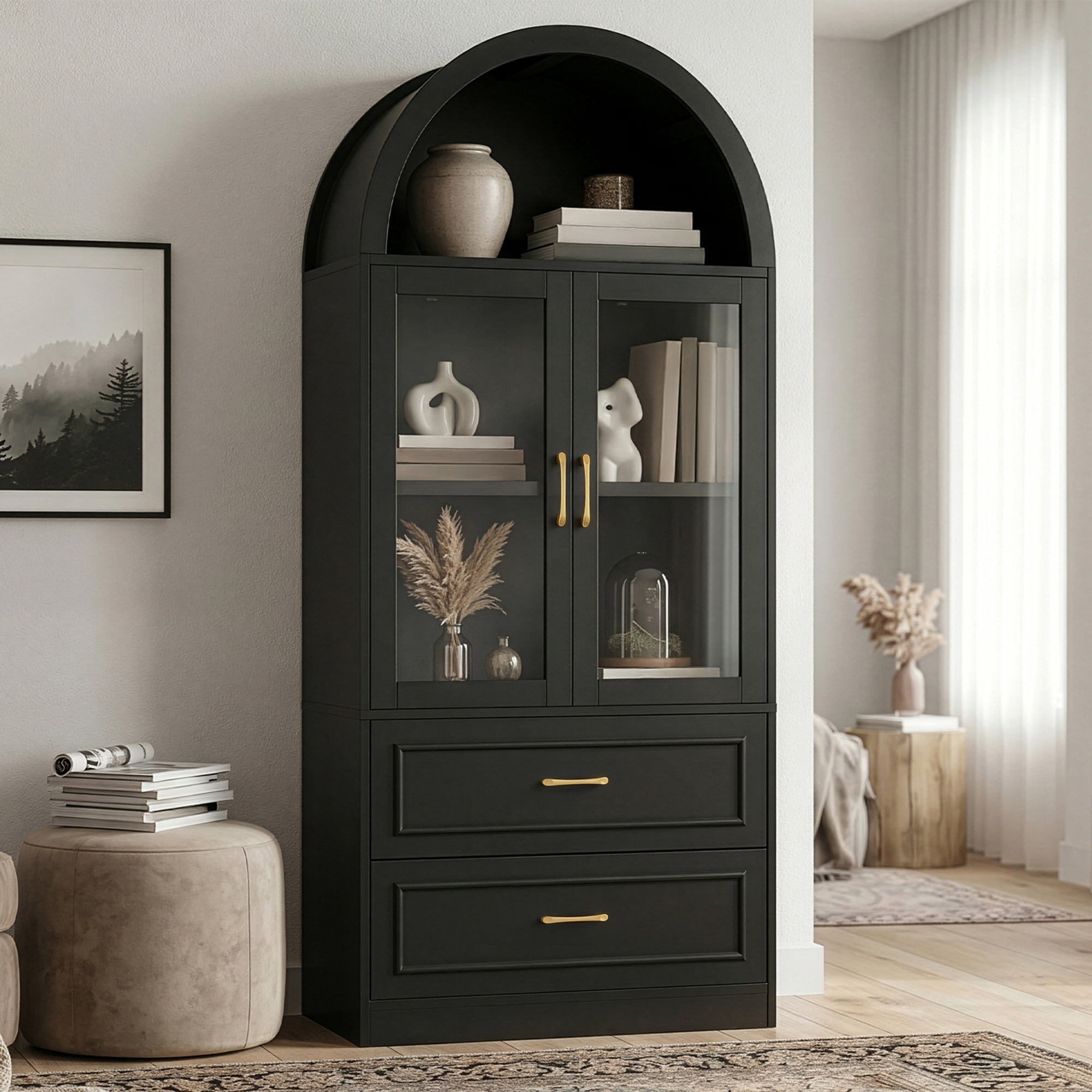 Mintazer Arched Top Tall Display Cabinet, Curved Bookcase with Glass Doors & 2 Large Drawers, Modern Freestanding Storage Hutch for Living Room Dining Room Study, Black