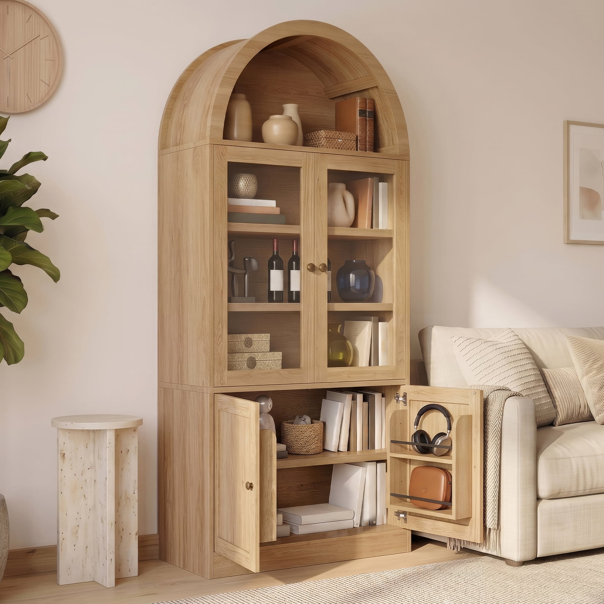 Mintazer Arched Top Tall Storage Cabinet, Display Bookcase with Glass Doors & 5-Tier Shelves, Farmhouse Freestanding Hutch for Living Room Dining Room Study, Natural
