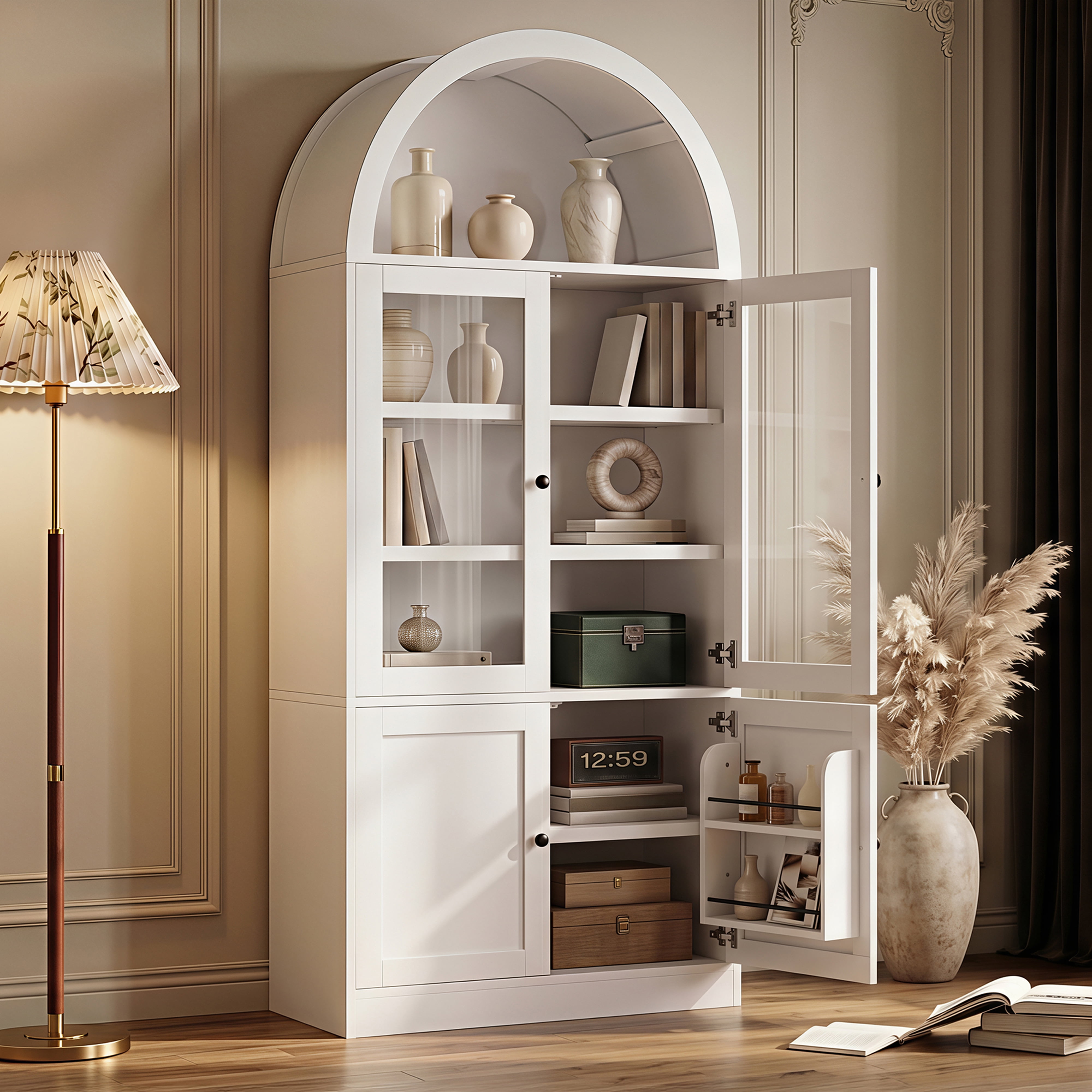 Mintazer Arched Top Tall Storage Cabinet, Display Bookcase with Glass Doors & 5-Tier Shelves, Farmhouse Freestanding Hutch for Living Room Dining Room Study, White