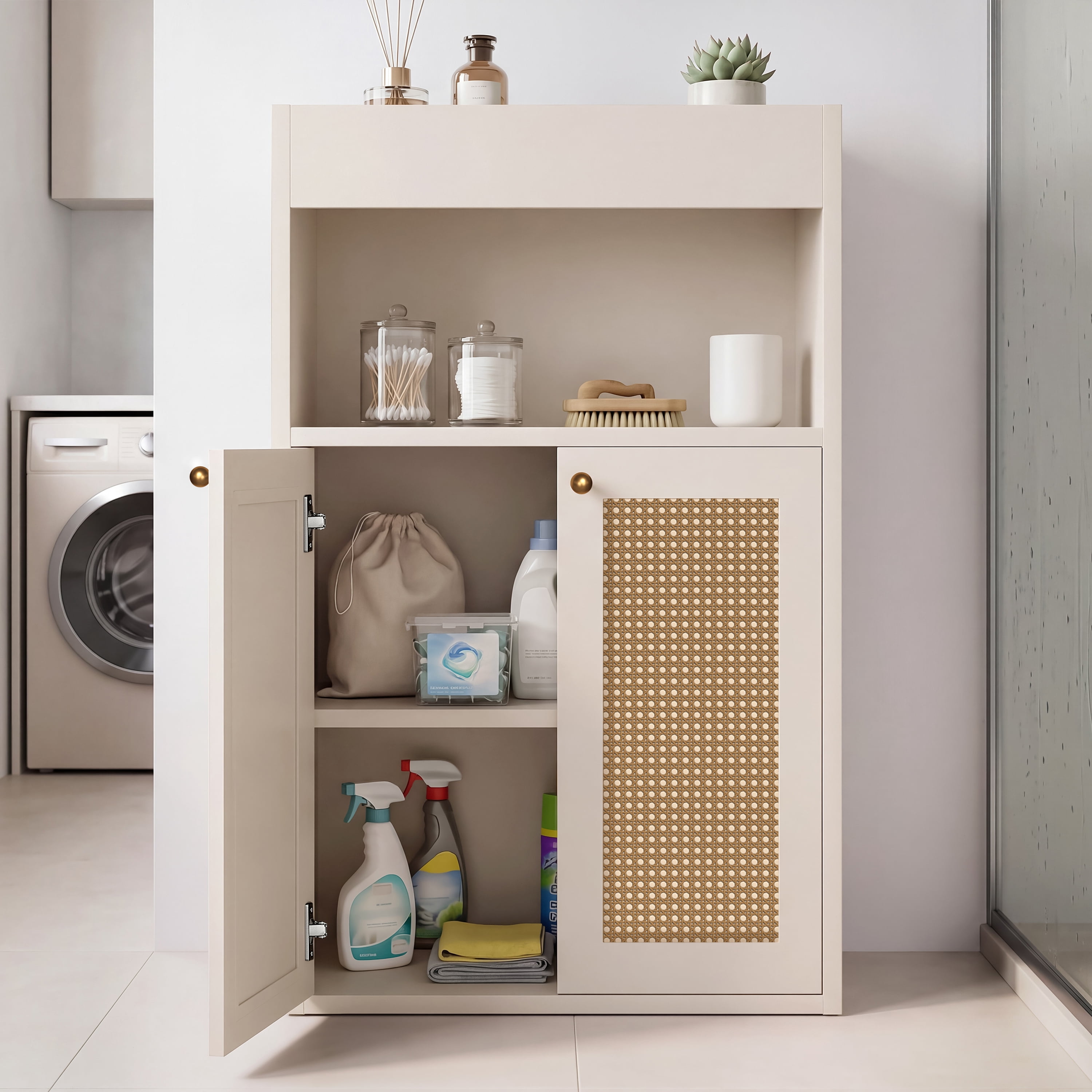 Mintazer Bathroom Floor Storage Cabinet, Freestanding Stroage Shelf Organizer with 2 Rattan Doors, Adjustable Shelf & Open Storage, White