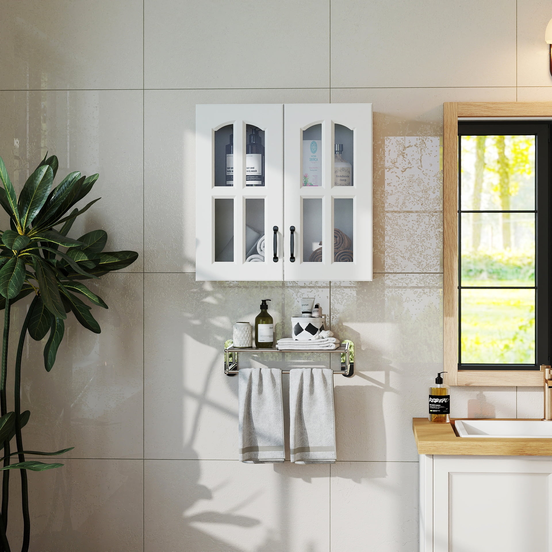 Mintazer Bathroom Wall Cabinet with 4-Pane Glass Doors, Wall-Mounted Storage Cabinet with Adjustable Shelf for Bathroom Kitchen, White