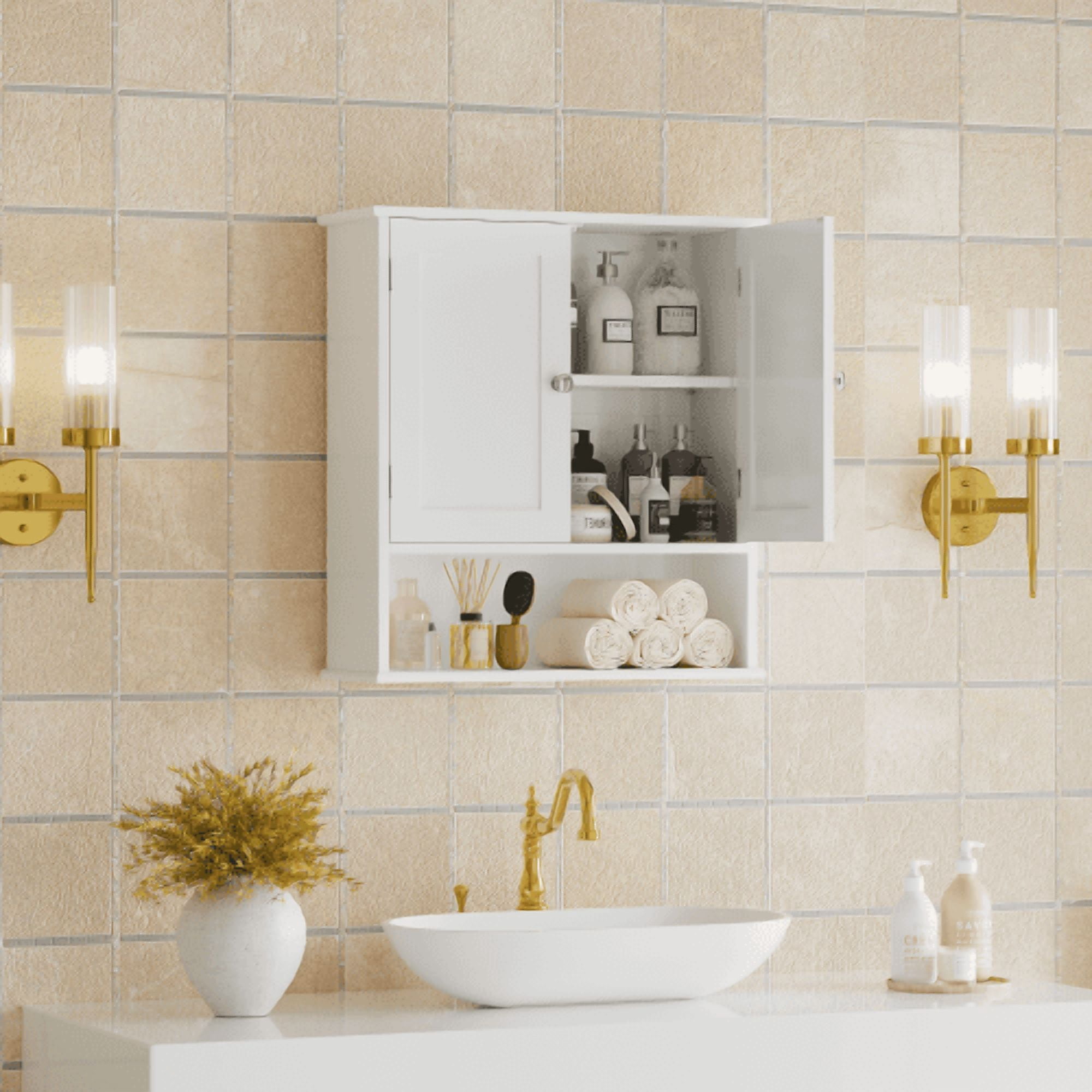 Mintazer Bathroom Wall Cabinet with Door, Medicine Cabinet with Adjustable Shelves & Open Shelf for Bathroom Kitchen Entryway Laundry Room, White