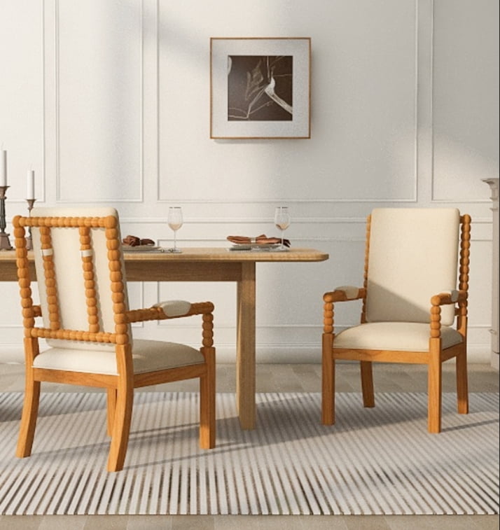 Mintazer Bobbin Upholstered Arm Dining Chairs Set of 2, Farmhouse Beige Fabric Accent Chairs for Apartment Cafe Home, Natural