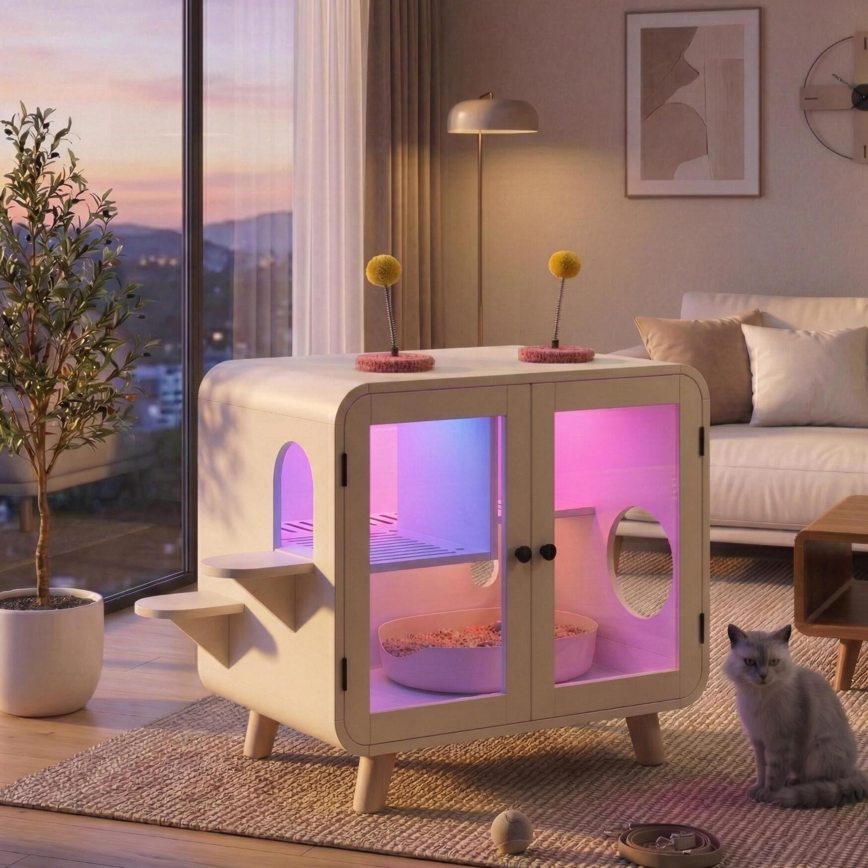 Mintazer Cat Litter Box Enclosure with Light, Hidden Cat House with Side Stairs & Toys, Cat Cabinet with Litter Leak Walkway and Doors for Indoor, Beige