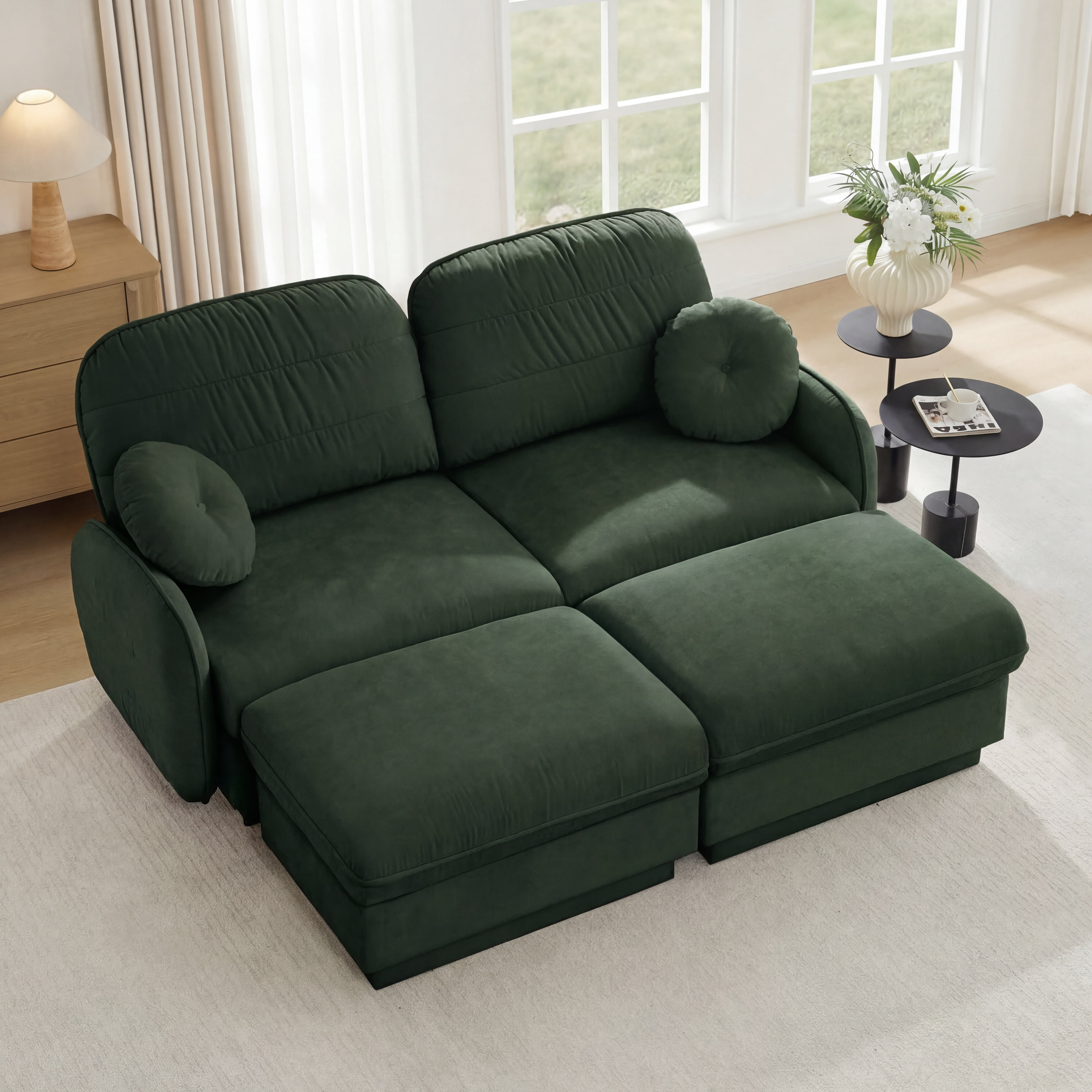 Mintazer Chenille Cloud Loveseat Sofa with 2 Movable Ottoman and Round Pillows, U-Shaped Ergonomic Sofa Couch for Living Room, Bedroom, Green