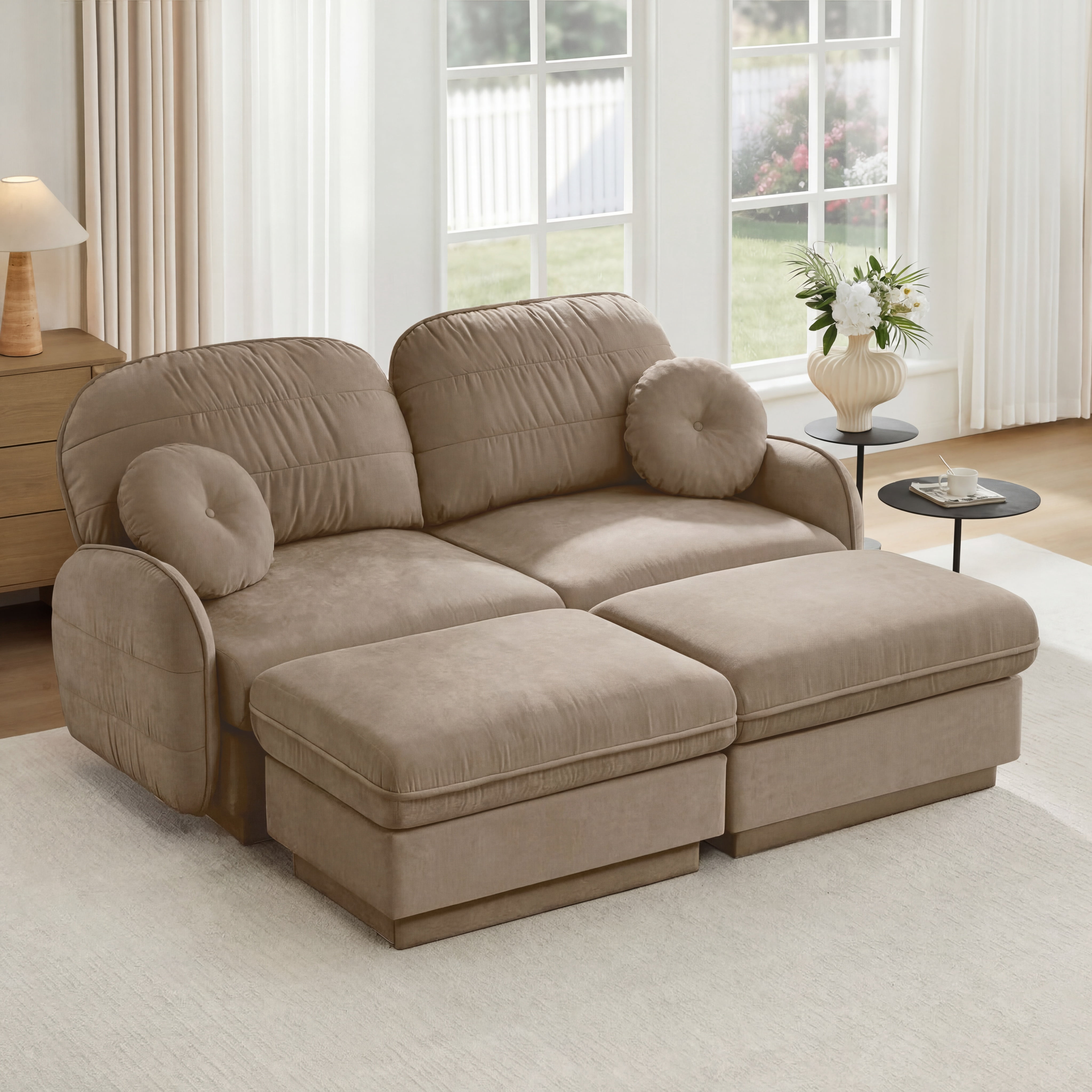 Mintazer Chenille Cloud Loveseat Sofa with 2 Movable Ottoman and Round Pillows, U-Shaped Ergonomic Sofa Couch for Living Room, Bedroom, Light Coffee