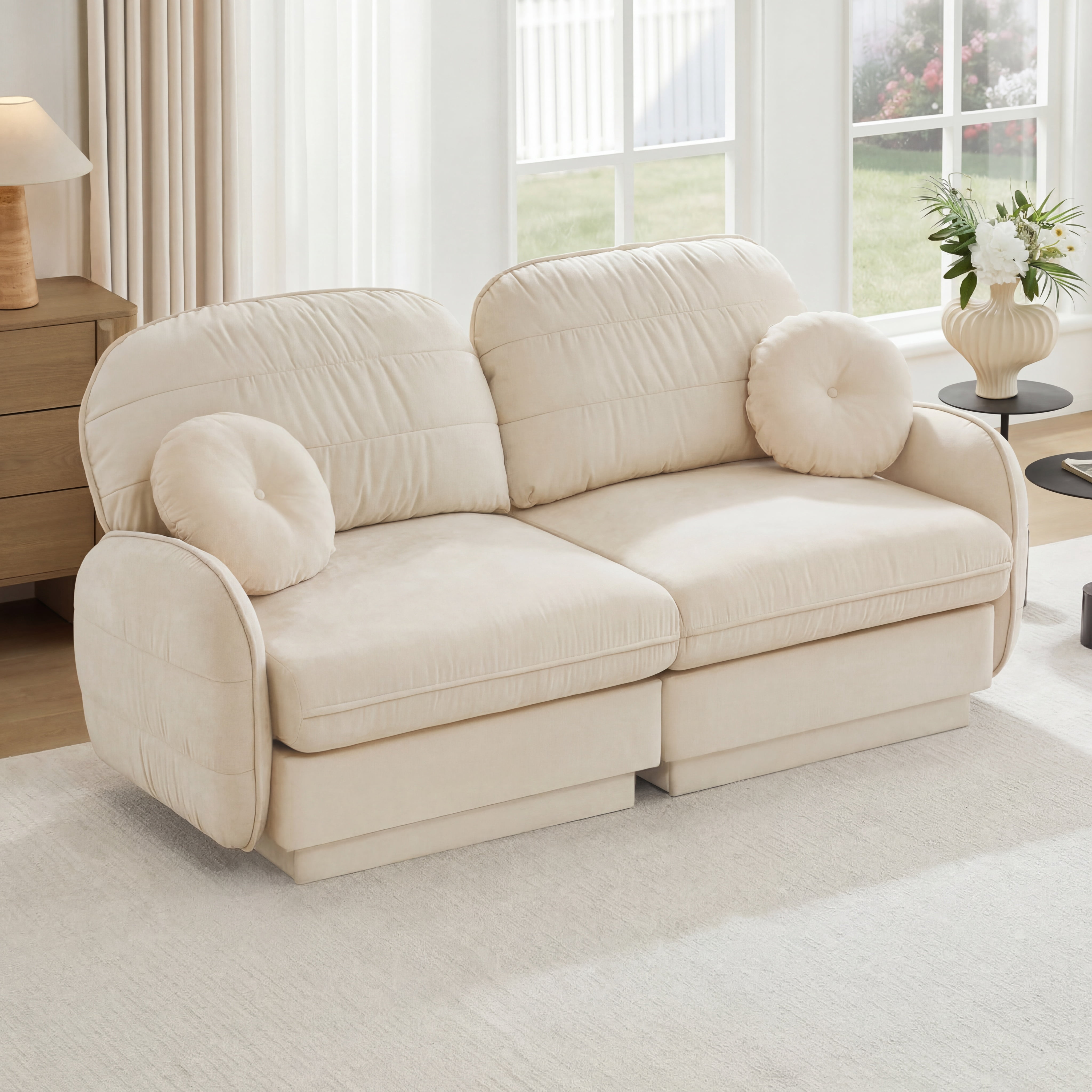 Mintazer Chenille Cloud Loveseat Sofa with 2 Round Pillows, Easy Assembly Ergonomic Design Sofa Couch for Living Room, Bedroom, Cream