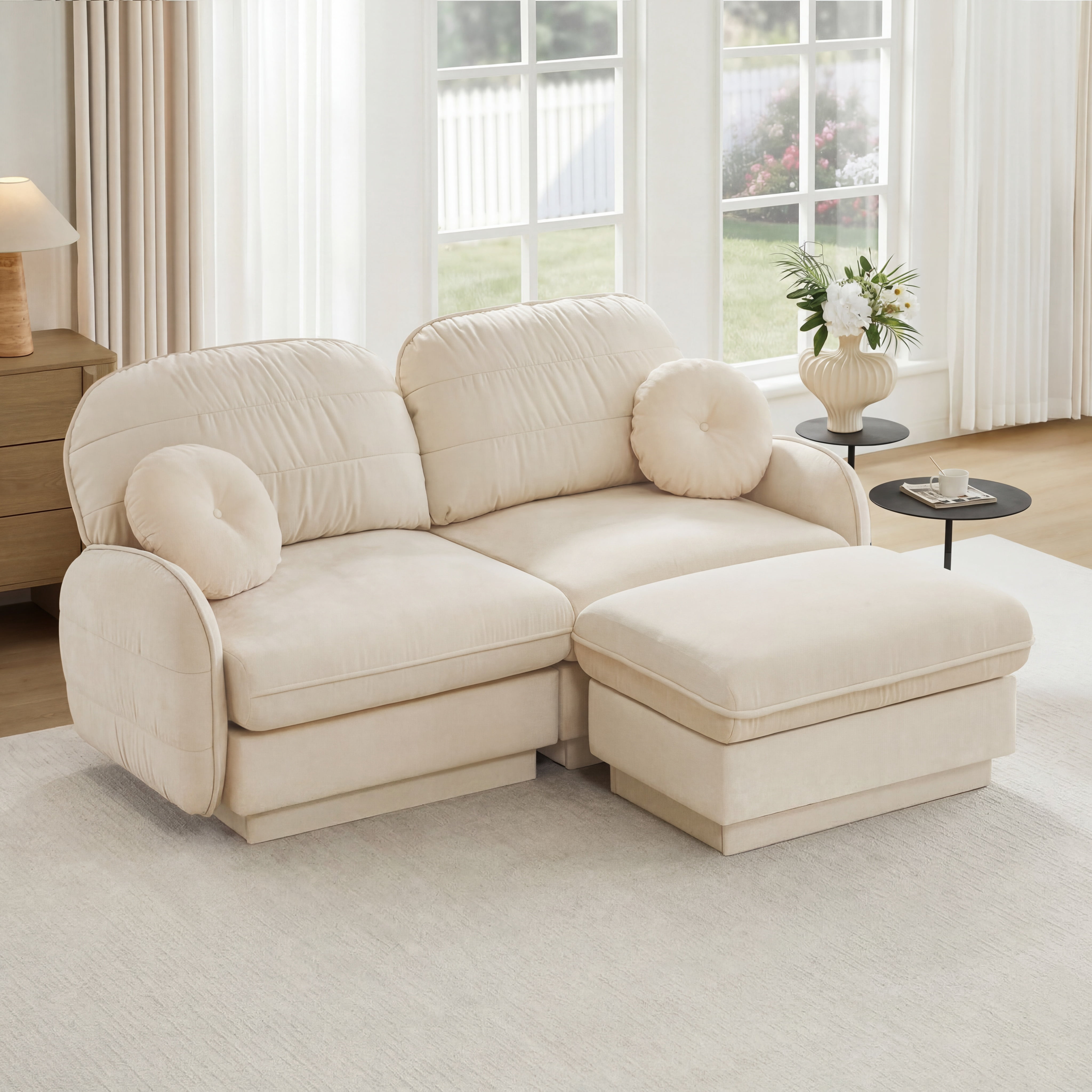 Mintazer Chenille Cloud Loveseat Sofa with Movable Ottoman and Round Pillows, L-Shaped Ergonomic Sofa Couch for Living Room, Bedroom, Cream
