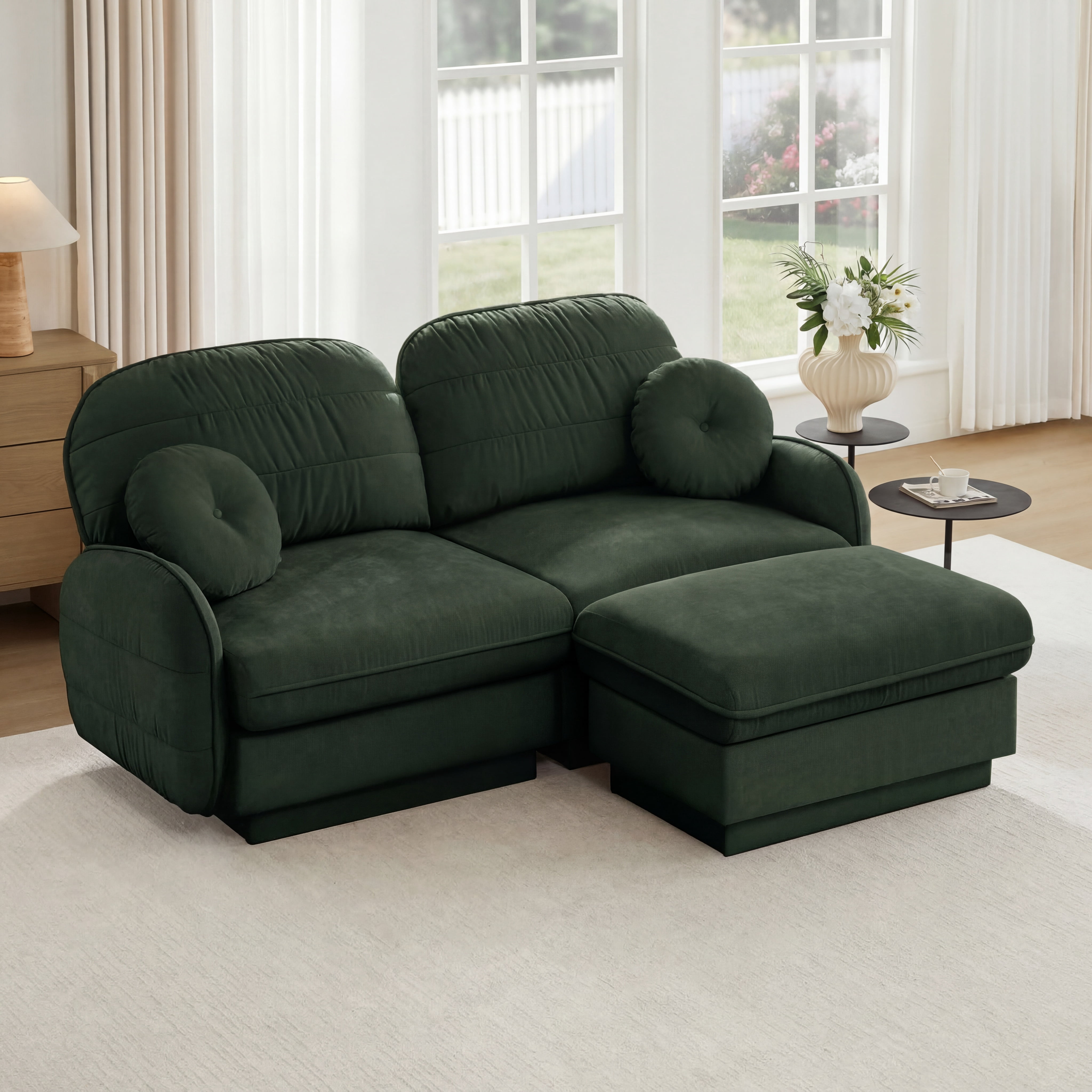 Mintazer Chenille Cloud Loveseat Sofa with Movable Ottoman and Round Pillows, L-Shaped Ergonomic Sofa Couch for Living Room, Bedroom, Green