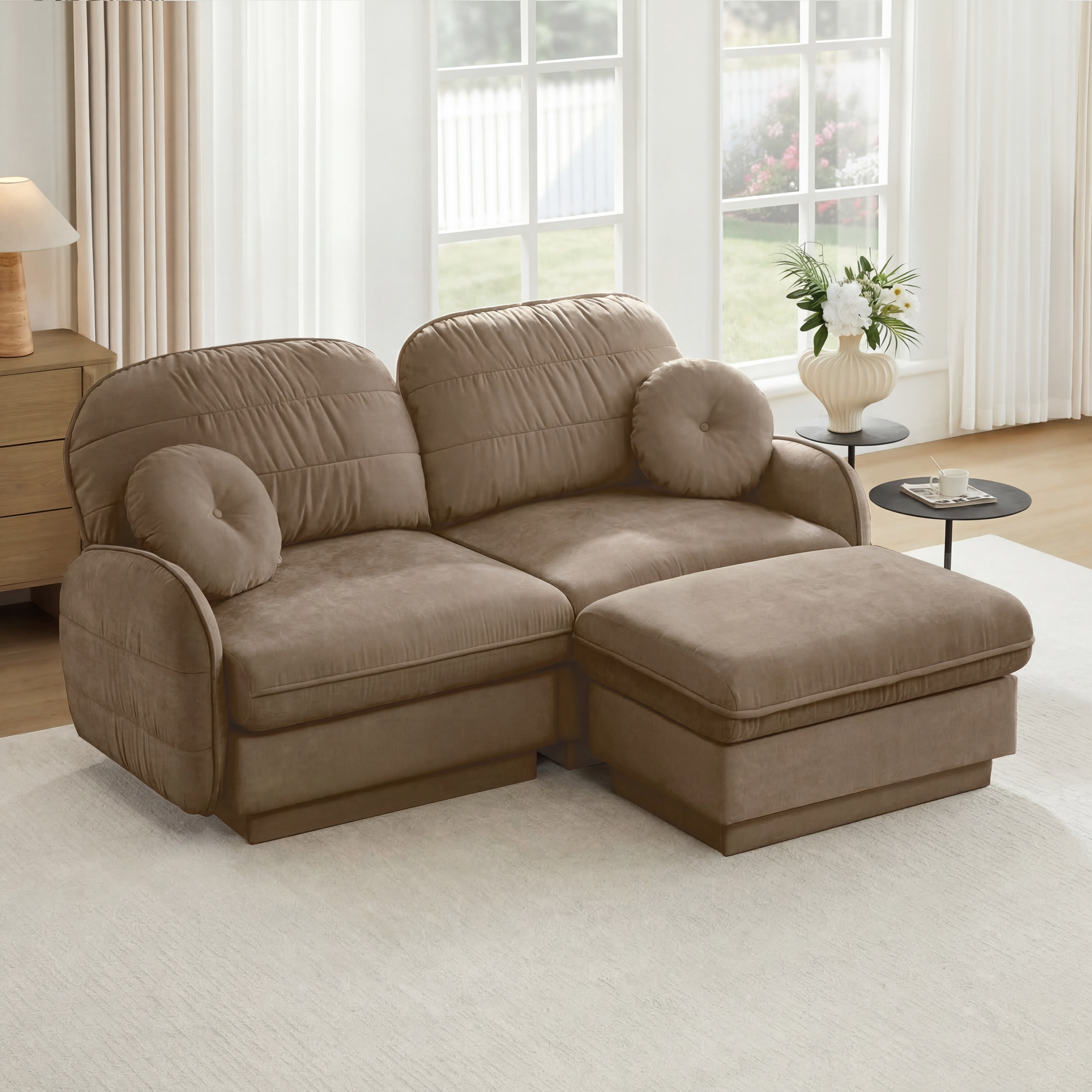 Mintazer Chenille Cloud Loveseat Sofa with Movable Ottoman and Round Pillows, L-Shaped Ergonomic Sofa Couch for Living Room, Bedroom, Light Coffee