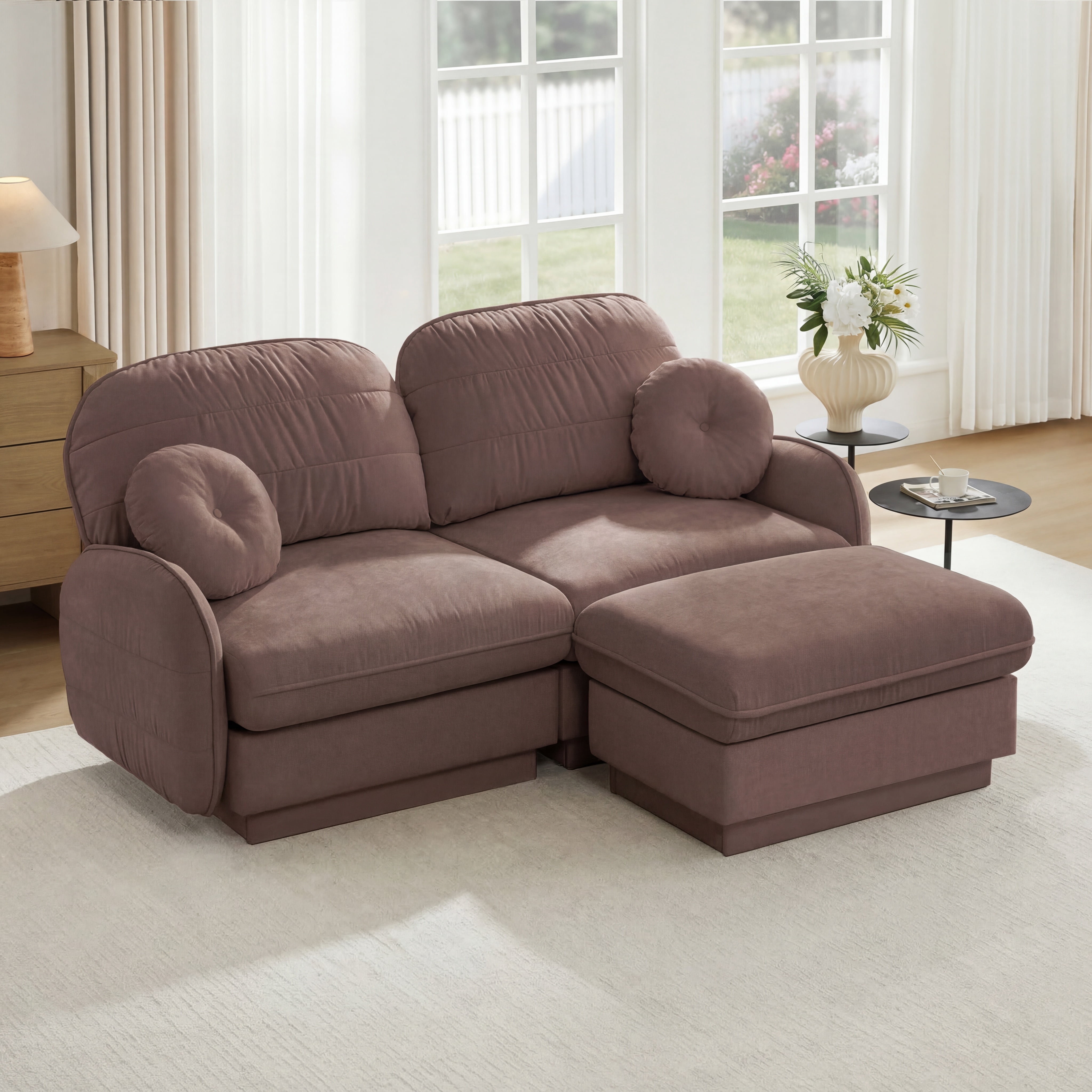 Mintazer Chenille Cloud Loveseat Sofa with Movable Ottoman and Round Pillows, L-Shaped Ergonomic Sofa Couch for Living Room, Bedroom, Rose Dust