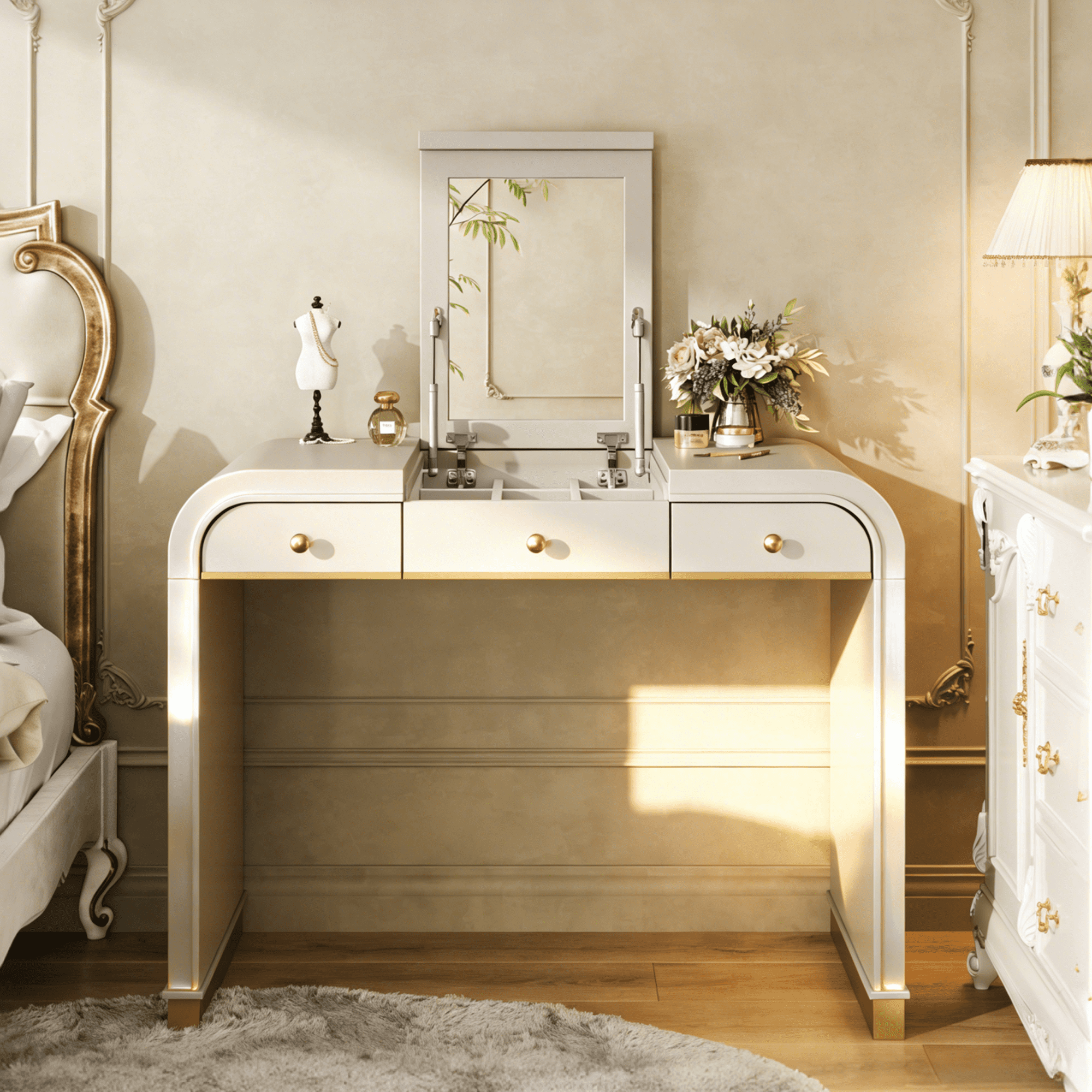 Mintazer Classic Wood Vanity Set with Flip Mirror, 3-in-1 Dressing Table with 2 Drawers & Storage Space, Makeup Vanity Desk for Bedroom, Champagne
