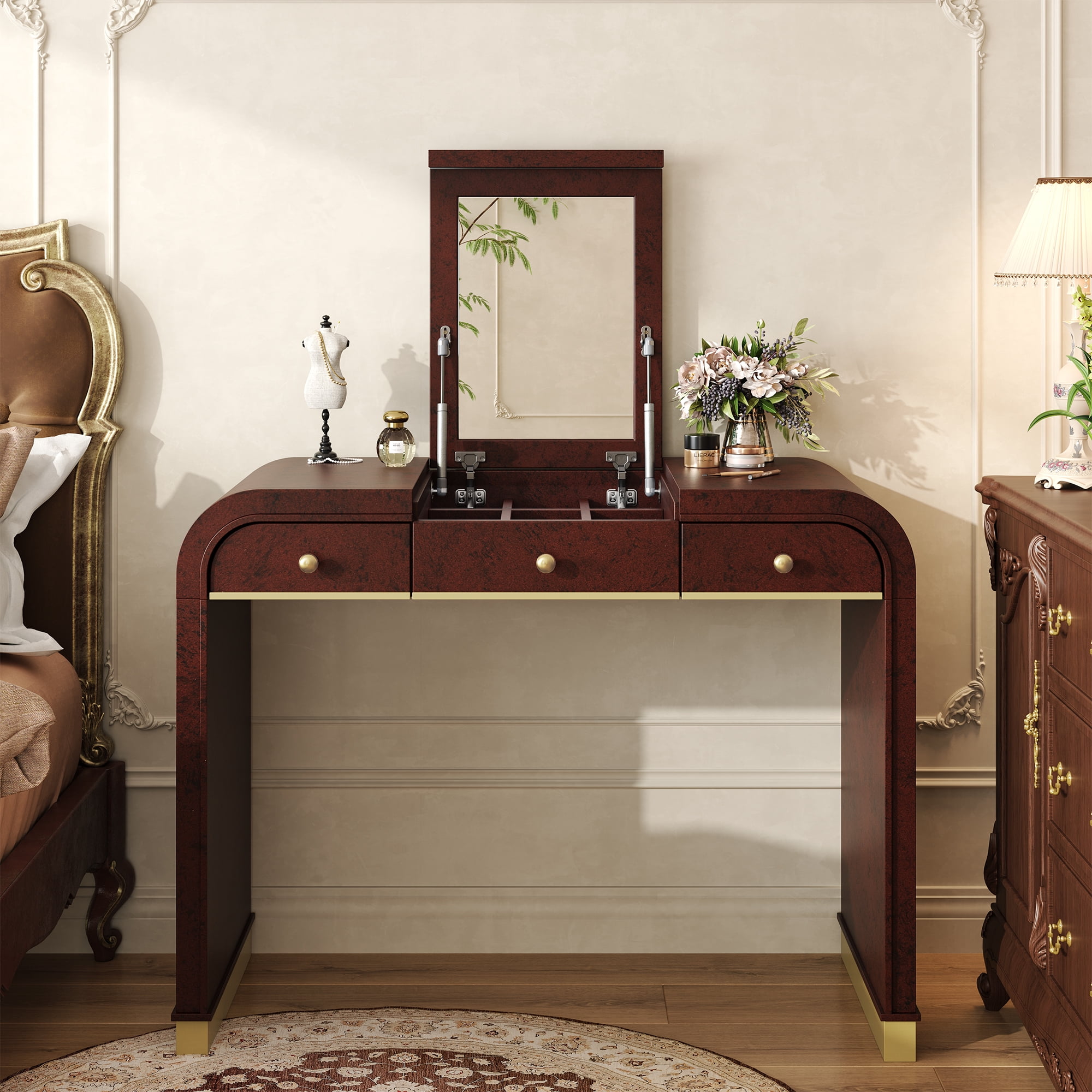 Mintazer Classic Wood Vanity Set with Flip Mirror, 3-in-1 Dressing Table with 2 Drawers & Storage Space, Makeup Vanity Desk for Bedroom, Espresso