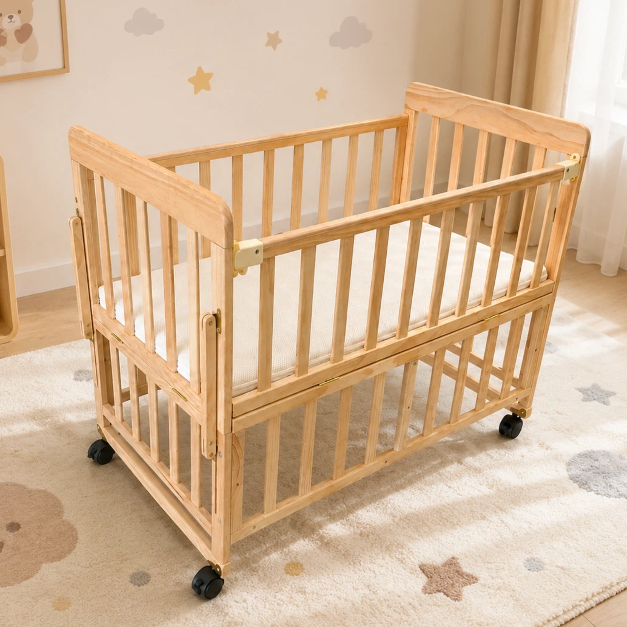 Mintazer Convertible Kids Crib with Height Adjustable, Bedside Bassinet with Lockable Wheels & Mattress, Extendable Rocking Cradle for Newborn to Toddler, Natural