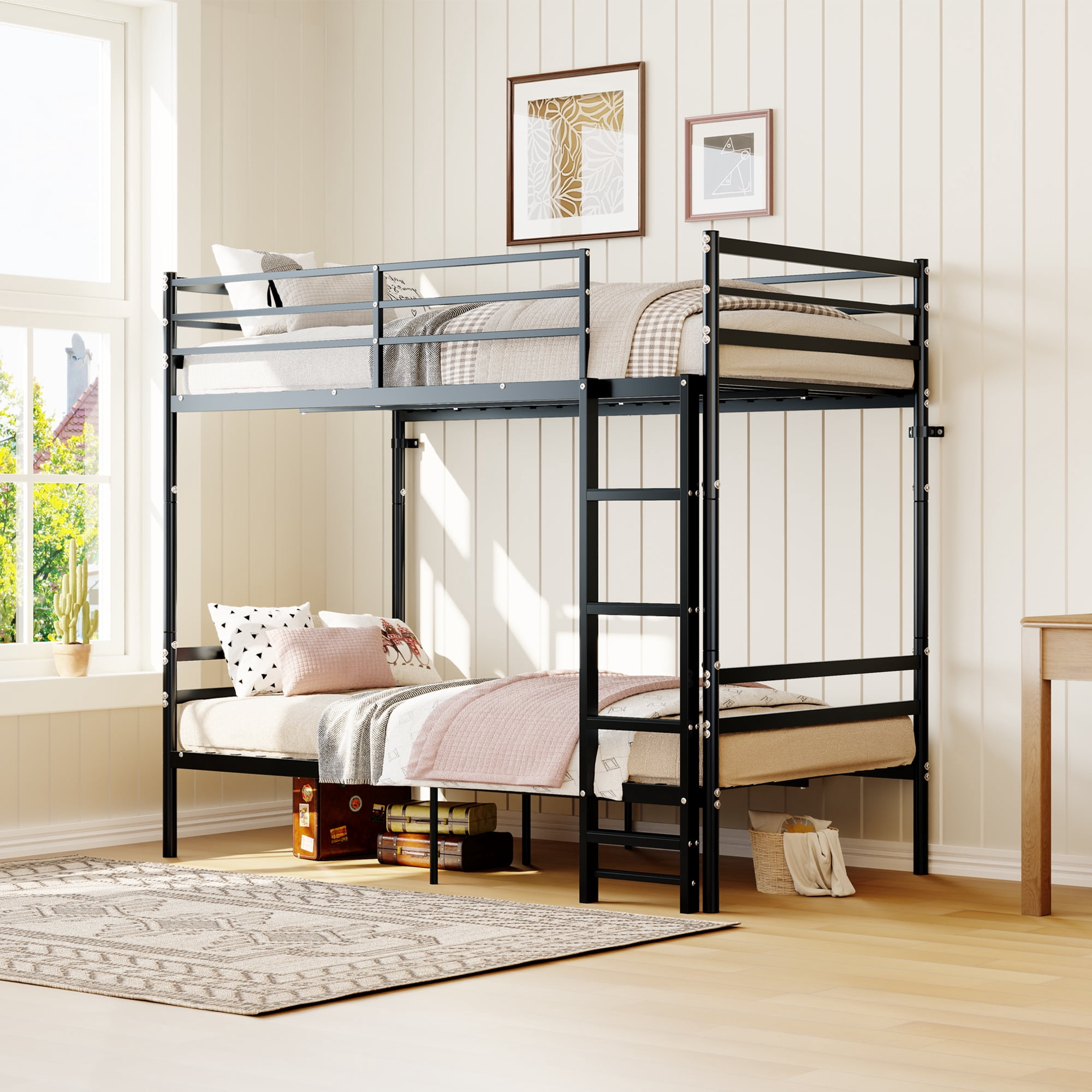 Mintazer Convertible Twin Over Twin Metal Bunk Bed with Ladder and Guardrails, Split Into 2 Separate Twin Beds, Black