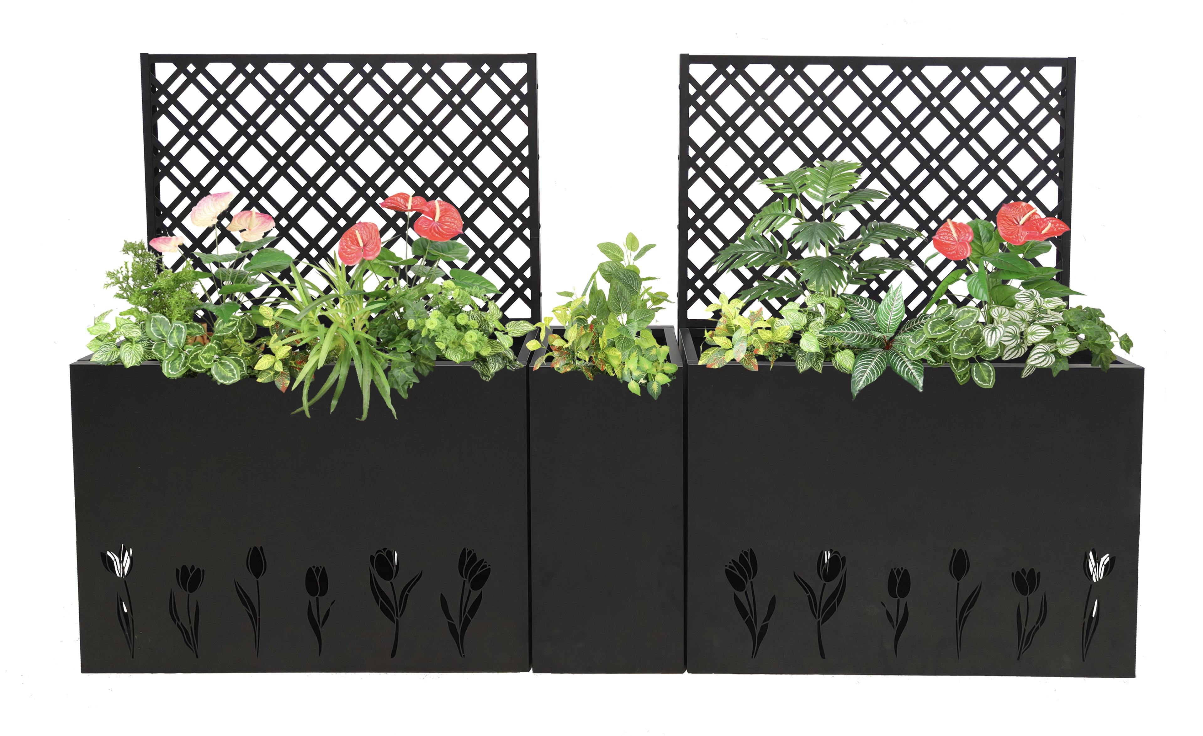 Mintazer Corner Metal Planter Box Set of 3 with Trellis & Tulip Pattern, Outdoor 47.3 in Raised Privacy Screen with Drainage Holes for Patio, Black