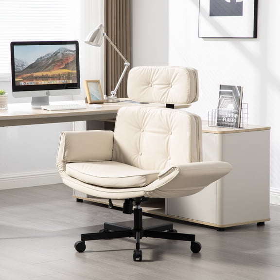 Mintazer Criss Cross Desk Chair with Armrests and Wheels, PU Leather Vanity Chair with Adjustable Swivel & Wide Seat, Office Chairs for Home Office, Make Up, Bedroom, Beige
