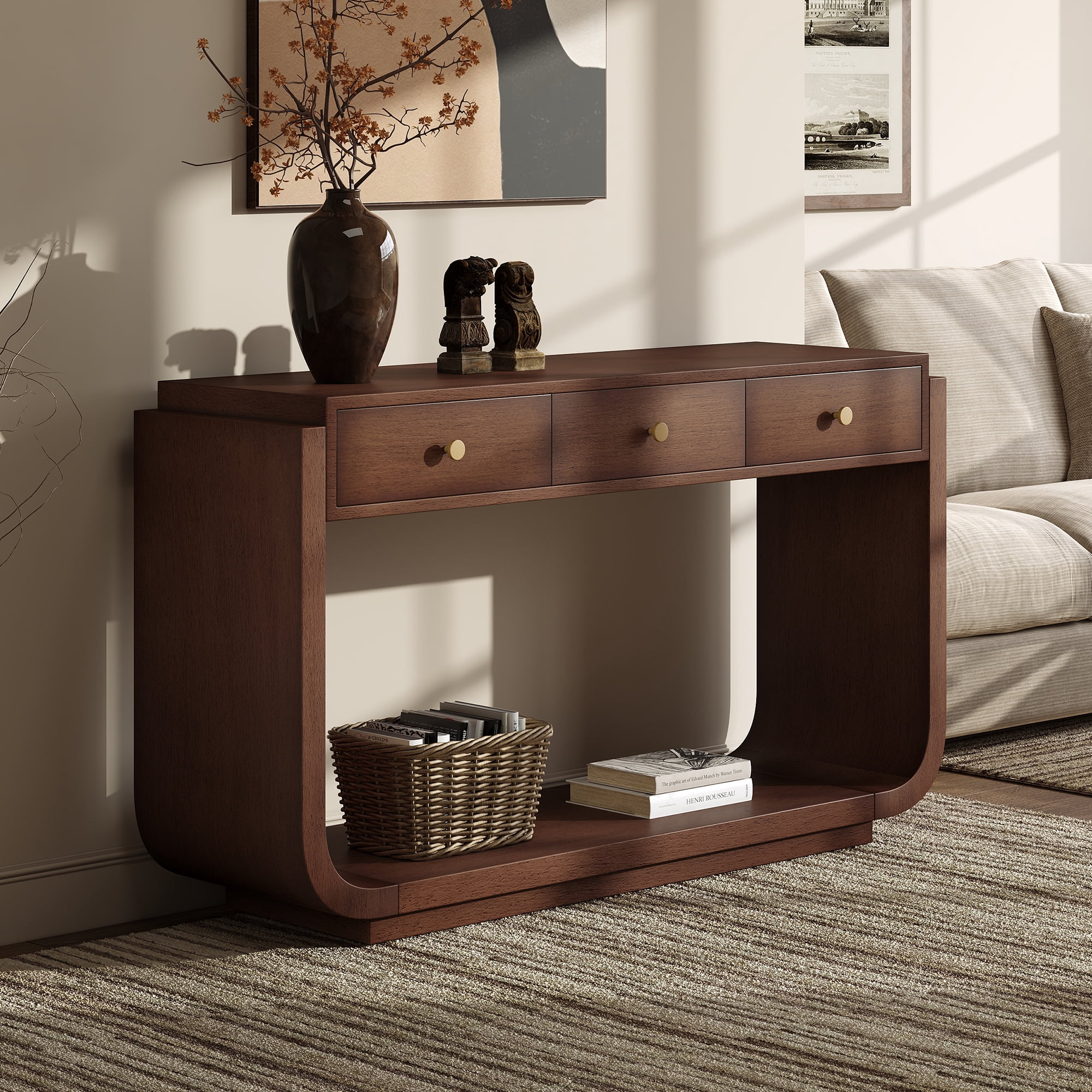 Mintazer Curved Rounded Console Table with Brushed Nickel Handles, Entryway Table with 3 Drawers & Open Bottom Shelf, Anti-Tip Sofa Table for Hallway Living Room Foyer, Walnut