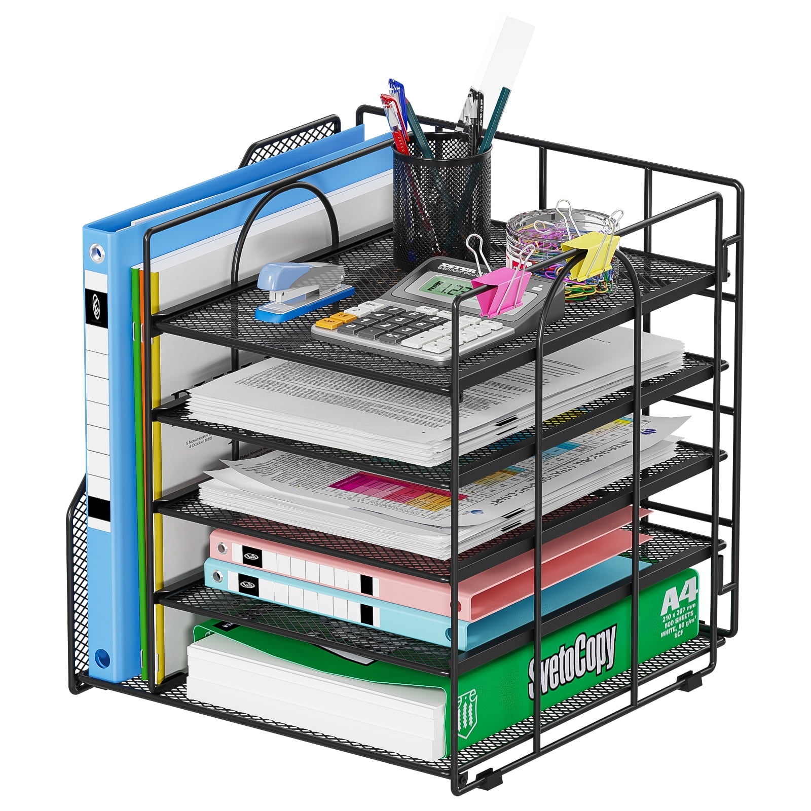 Mintazer Desk Organizer with File Holder, 5-Tier Paper Letter Tray Organizer Mesh Desktop File Organizer Magazine Holder for Home School Office Supplies, Black
