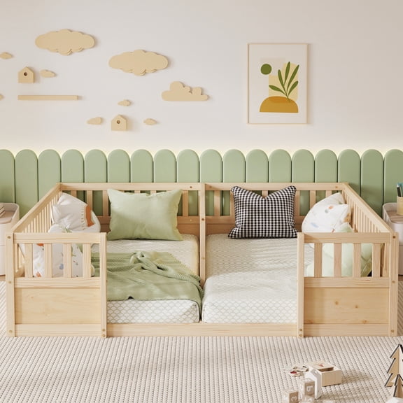 Mintazer Double Twin Floor Bed with Semi‑Enclosed Guardrails for Kids Shared Bedroom, Natural