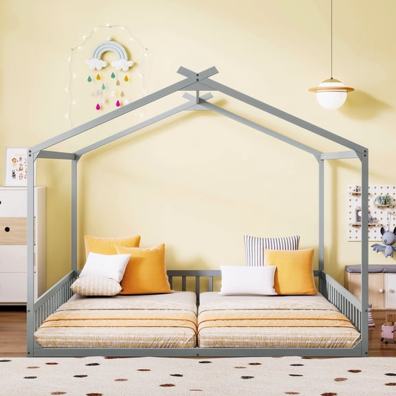 Mintazer Double Twin Size House Floor Bed with Roof Frame & Guardrails for Kids Shared Bedroom, Grey