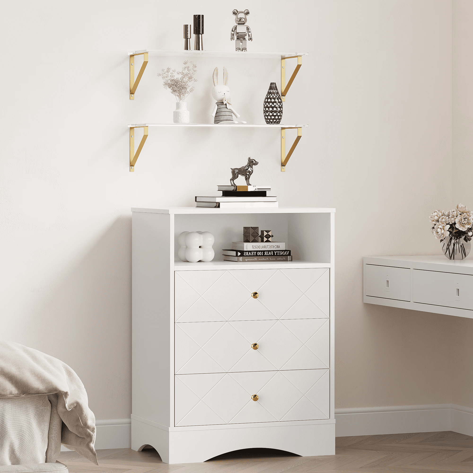 Mintazer Dresser with 3 Drawers & 2 Floating Shelves, Storage Bedside Night Stand with Open Shelf for Living Room, Bedroom & Closet, White