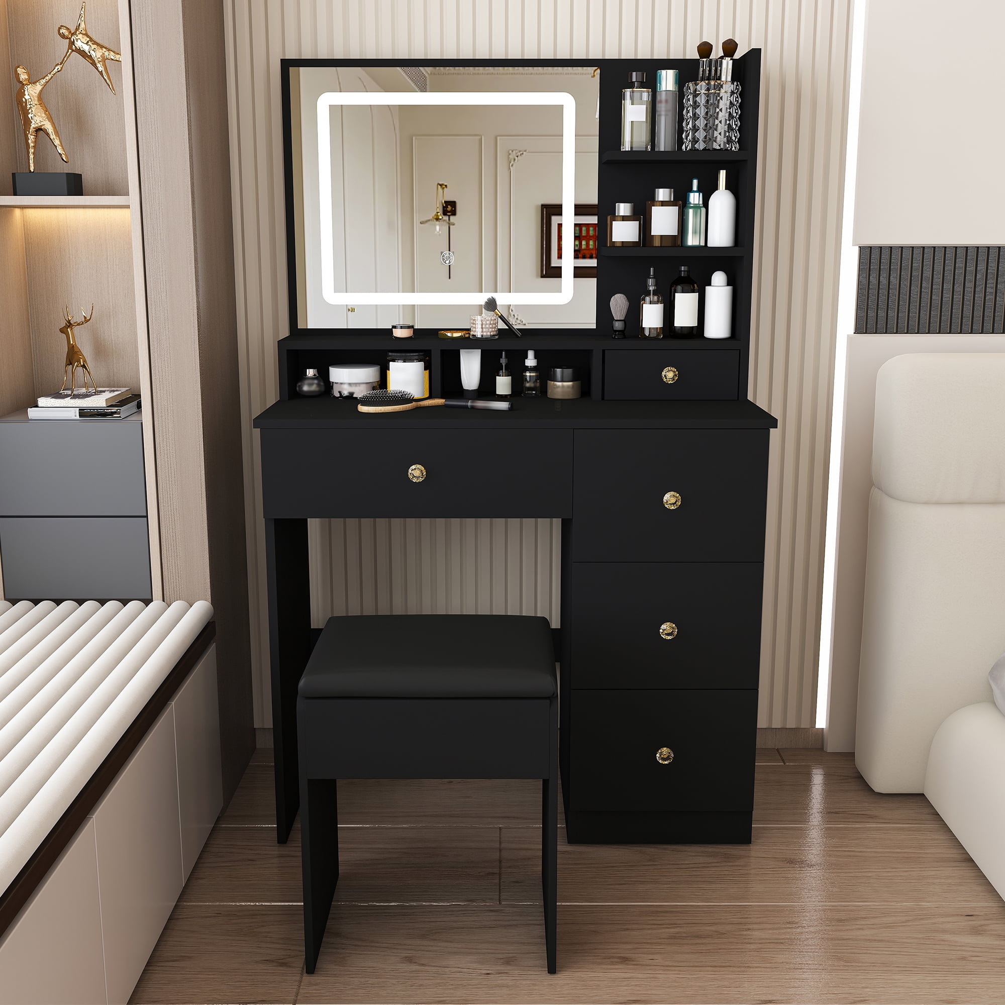 Mintazer Dressing Table with LED Lighted Mirror & 5 Drawers, Makeup Vanity Desk with Open Storage Shelf & Cushioned Stool for Bedroom Apartments, Black