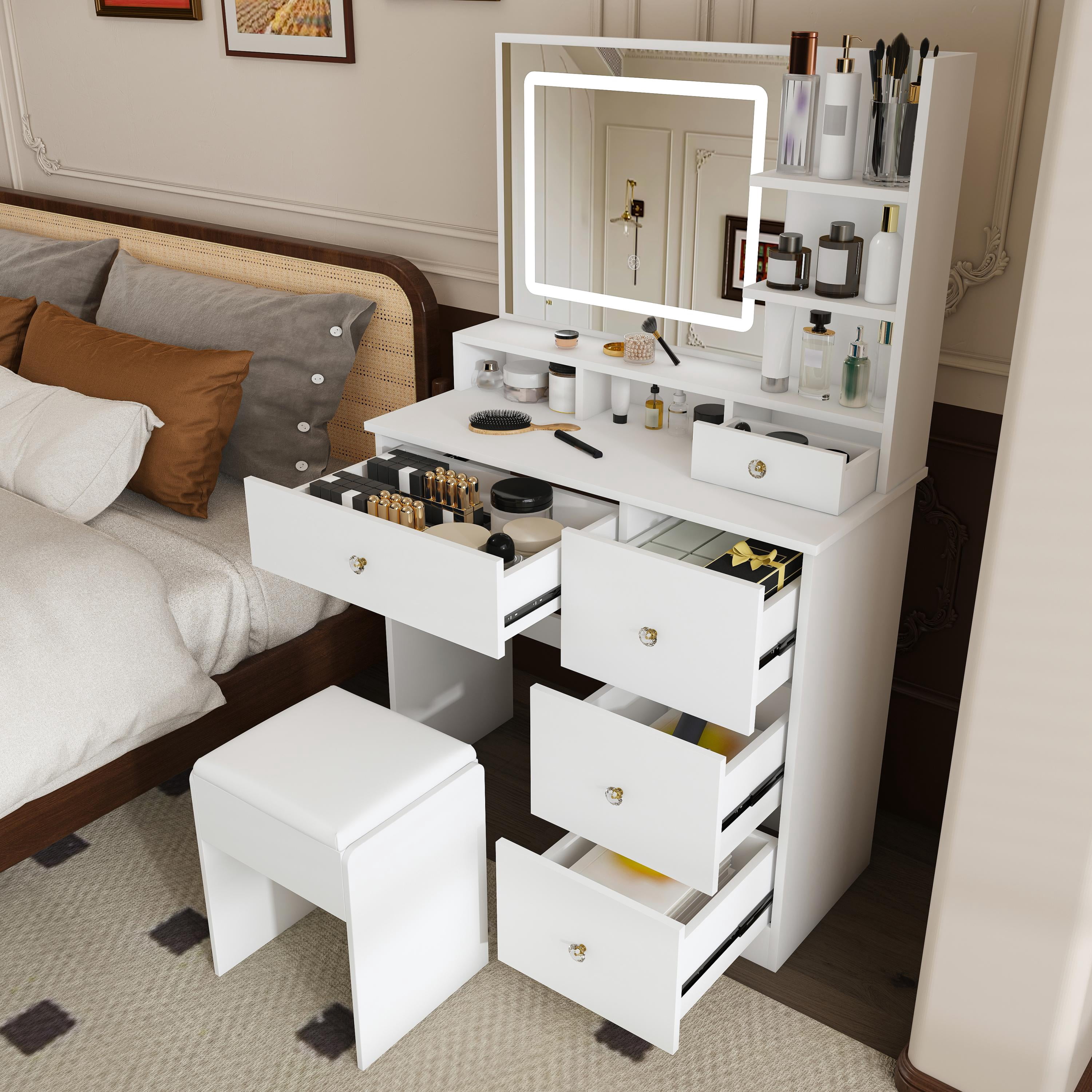 Mintazer Dressing Table with LED Lighted Mirror & 5 Drawers, Makeup Vanity Desk with Open Storage Shelf & Cushioned Stool for Bedroom Apartments, White