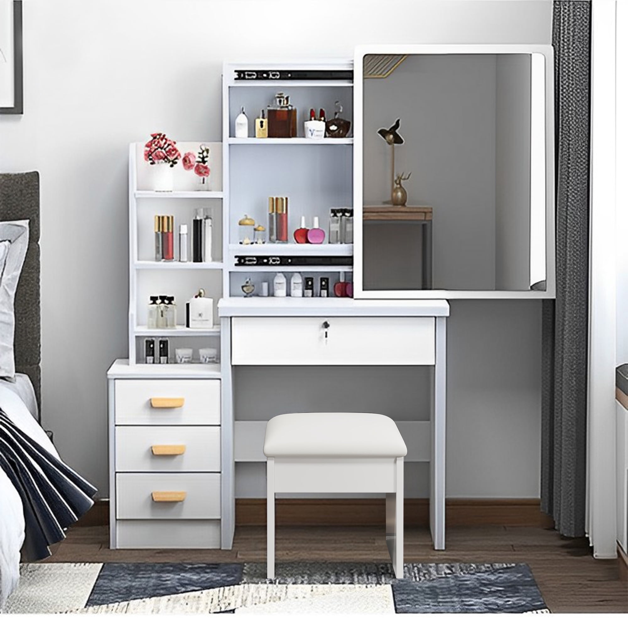 Mintazer Dressing Table with Sliding LED Mirror & 4 Drawer, Cosmetic Vanity Desk with Padded Stool & Multi-Tier Open Shelves for Bedroom Apartments, White