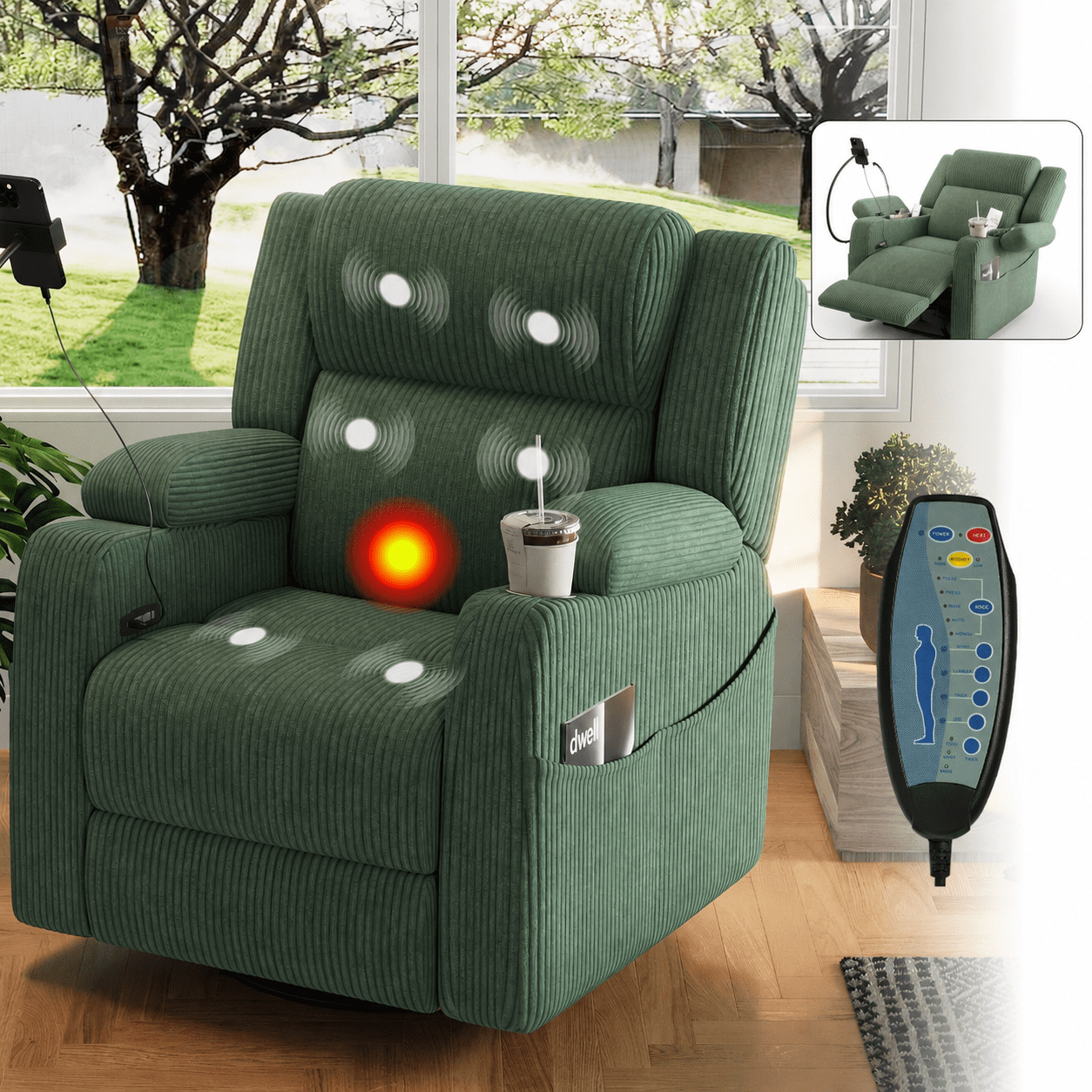 Mintazer Electric Power Recliner Chair with Heat & Massage, 270°Swivel Rocker Recliner with Phone Holder & USB and Hidden Storage for Living Room, Green