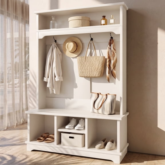 Mintazer Entryway Coat Rack with Shoe Storage, 3-in-1 Hall Tree with 4 Shoe Cubbies, Shoe Storage Bench & Open Shelves for Entryway Bedroom Living Room, White