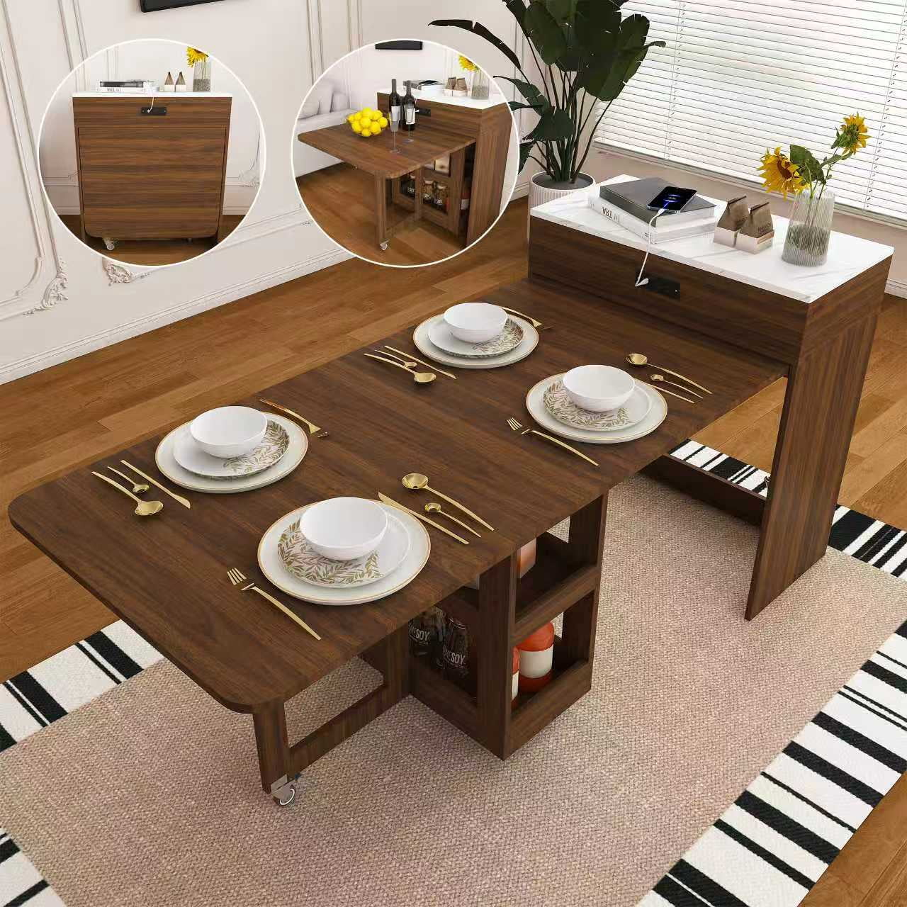 Mintazer Expandable Rolling Kitchen Island Dining Table with Power Outlet, Multi‑Mode Telescopic Folding Table with Lockable Casters & Storage Compartments for Small Apartment, Walnut