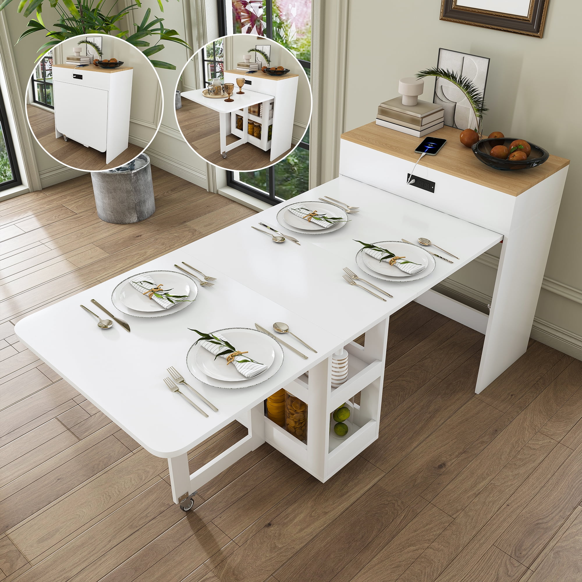 Mintazer Expandable Rolling Kitchen Island Dining Table with Power Outlet, Multi‑Mode Telescopic Folding Table with Lockable Casters & Storage Compartments for Small Apartment, White