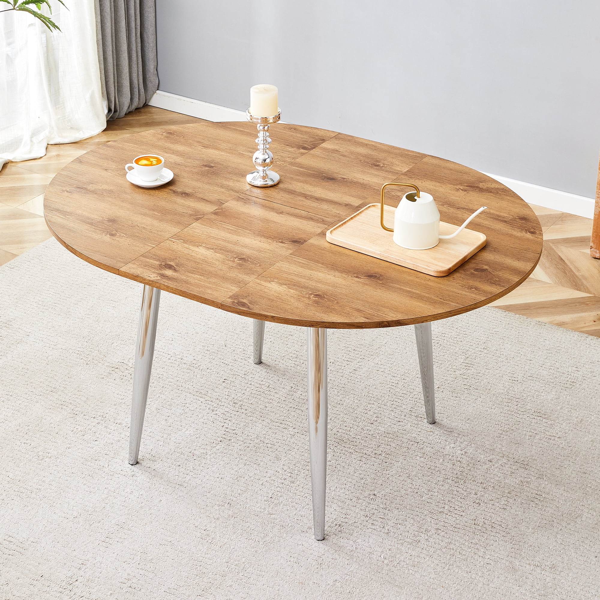 Mintazer Extendable Round to Oval Dining Table with Natural Wood Grain MDF Top & Chrome Metal Legs, Modern Kitchen Table for 4-6 People, Natural