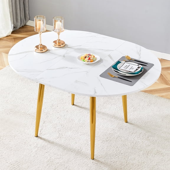 Mintazer Extendable Round to Oval Dining Table with White Marble Vein MDF Top & Gold Metal Legs, Modern Kitchen Table for 4-6 People, White