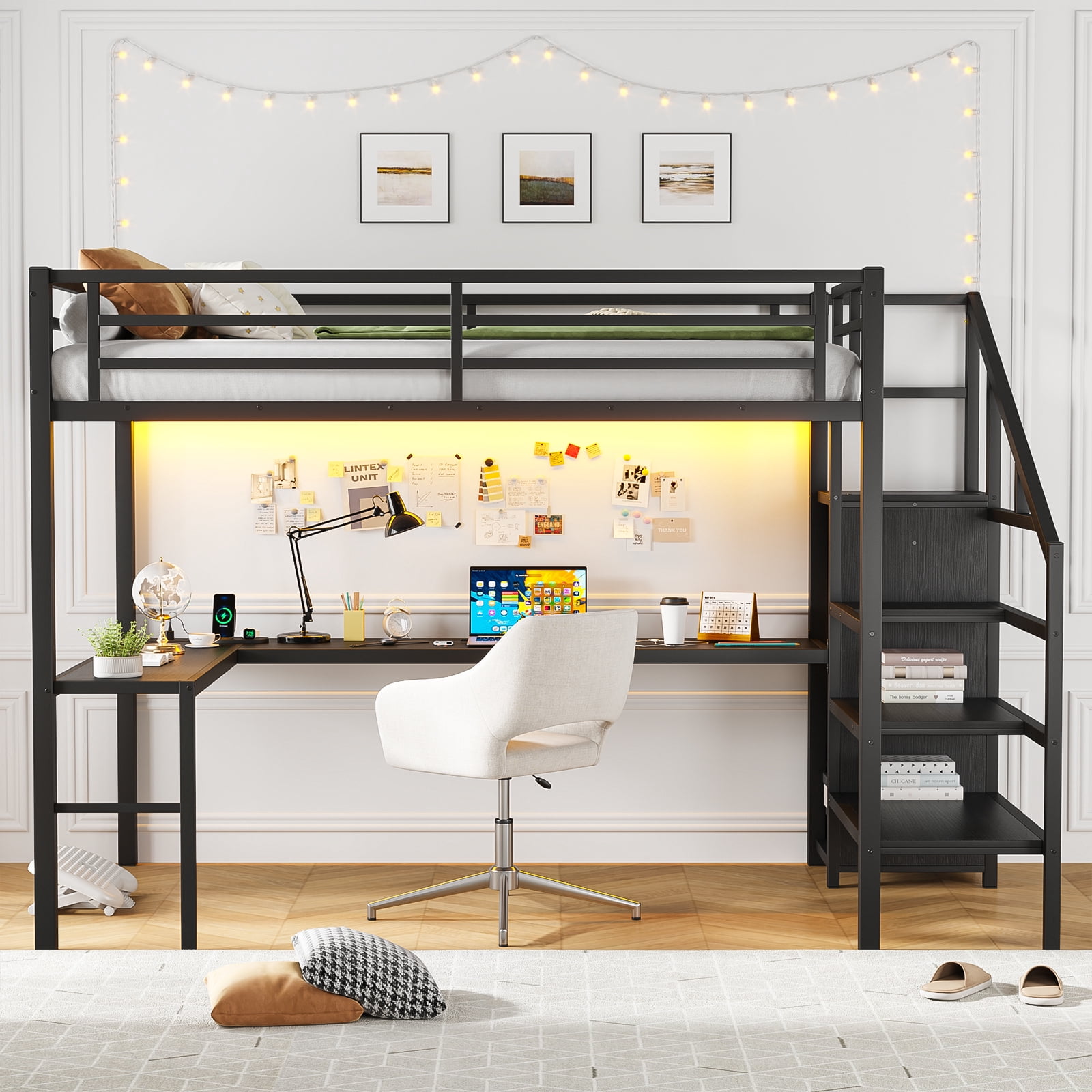 Mintazer Full Size Power Outlet Metal Loft Bed with L-Shaped Desk & Wardrobe, Heavy Duty Loft Bed Frame with Adjustable Shelf and LED Light for Kids Teens, Black