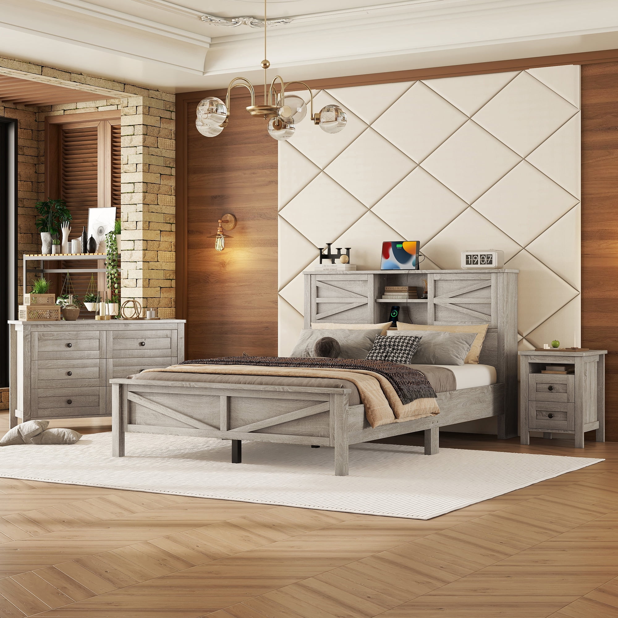 Mintazer Farmhouse 3-Piece Bedroom Set with Nightstand & 6-Drawer Dresser, Queen Platform Bed with Storage Headboard, Gray
