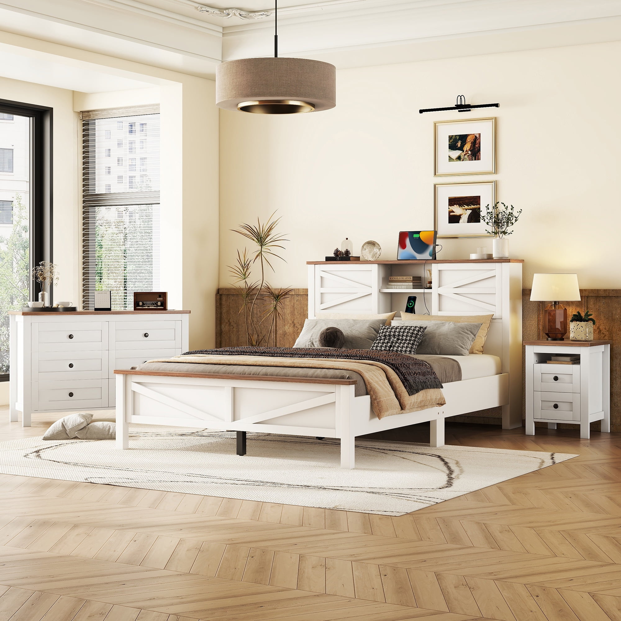 Mintazer Farmhouse 3-Piece Bedroom Set with Nightstand & 6-Drawer Dresser, Queen Platform Bed with Storage Headboard, White
