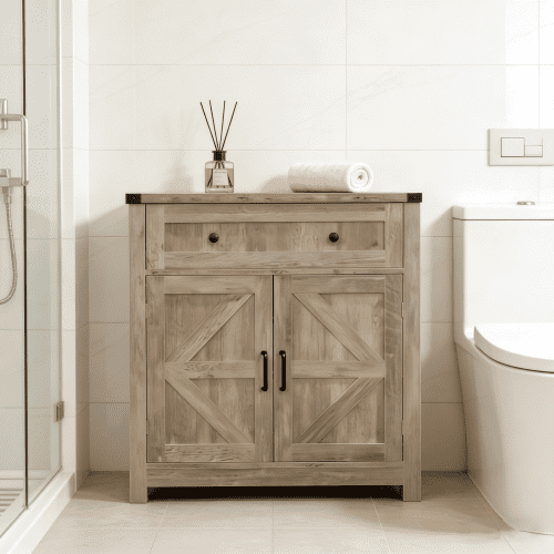 Mintazer Farmhouse Bathroom Storage Cabinet with Barn Doors & Drawer, Rustic Accent Cabinet for Bathroom Kitchen, Grey