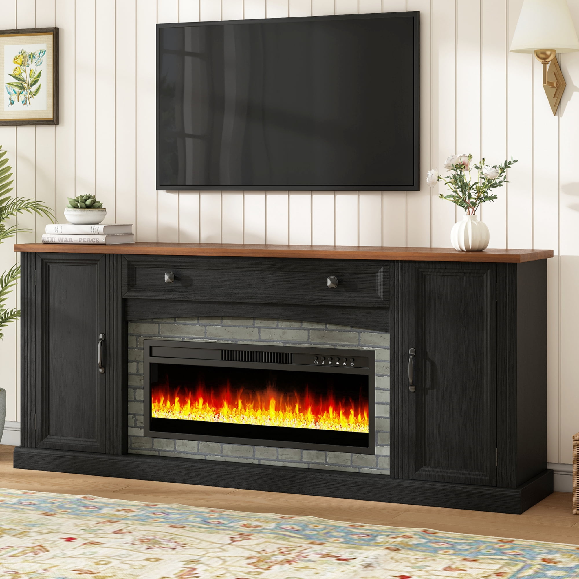 Mintazer Farmhouse Electric Fireplace TV Stand for TVs Up to 70", Entertainment Center with 2 Storage Cabinets & Large Drawer and Adjustable Shelves for Living Room, Black