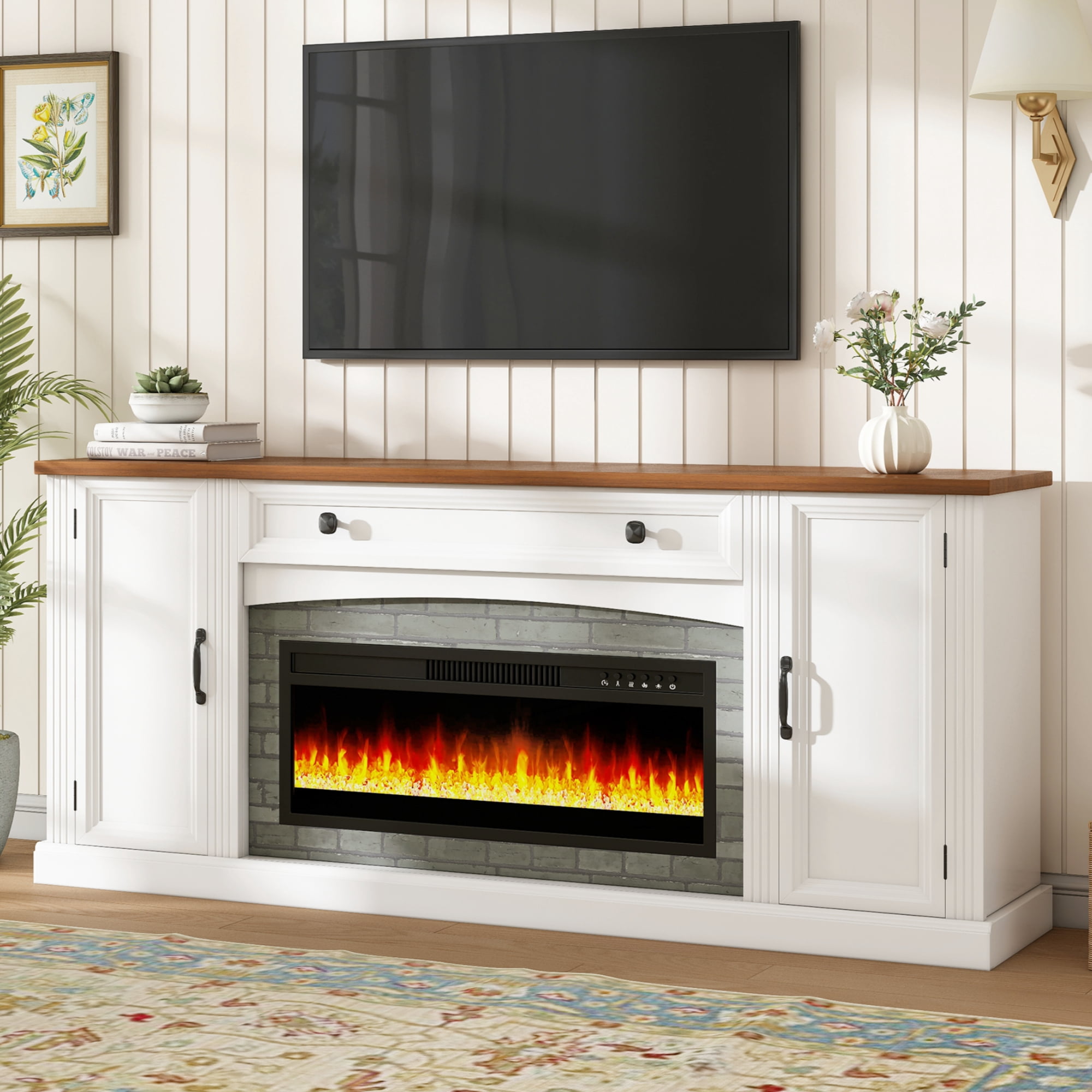 Mintazer Farmhouse Electric Fireplace TV Stand for TVs Up to 70", Entertainment Center with 2 Storage Cabinets & Large Drawer and Adjustable Shelves for Living Room, White