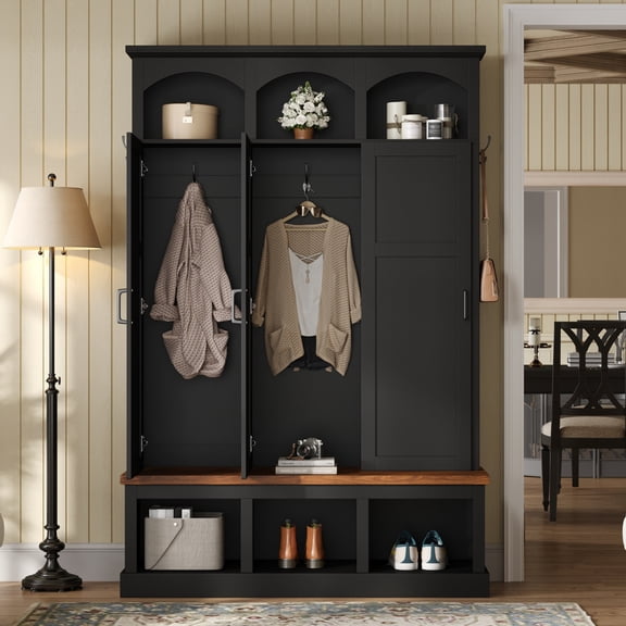 Mintazer Farmhouse Entryway Hall Tree with 3 Door & Shoe Cubby Bench, All-in-One Arched Mudroom with 3 Hidden Storage & 5 Hooks for Hallway, Black & Walnut