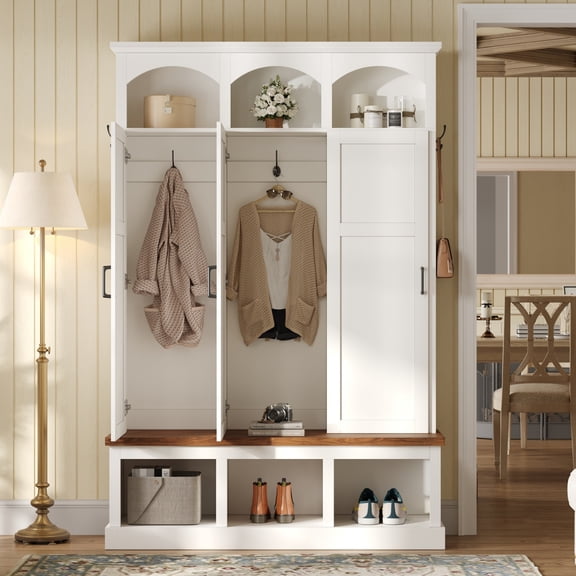 Mintazer Farmhouse Entryway Hall Tree with 3 Door & Shoe Cubby Bench, All-in-One Arched Mudroom with 3 Hidden Storage & 5 Hooks for Hallway, White & Walnut
