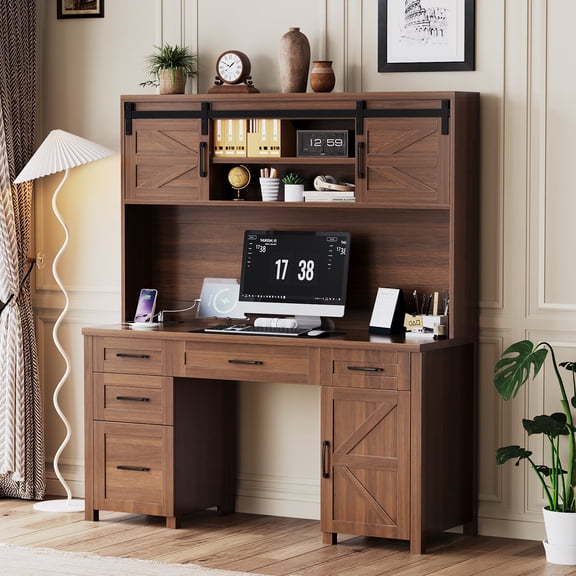 Mintazer Farmhouse Executive Desk with Storage Cabinets & Charging Station, Computer Desk with 2 Sliding Barn Doors and 5 Drawers & Adjustable Shelf for Home Office, Walnut