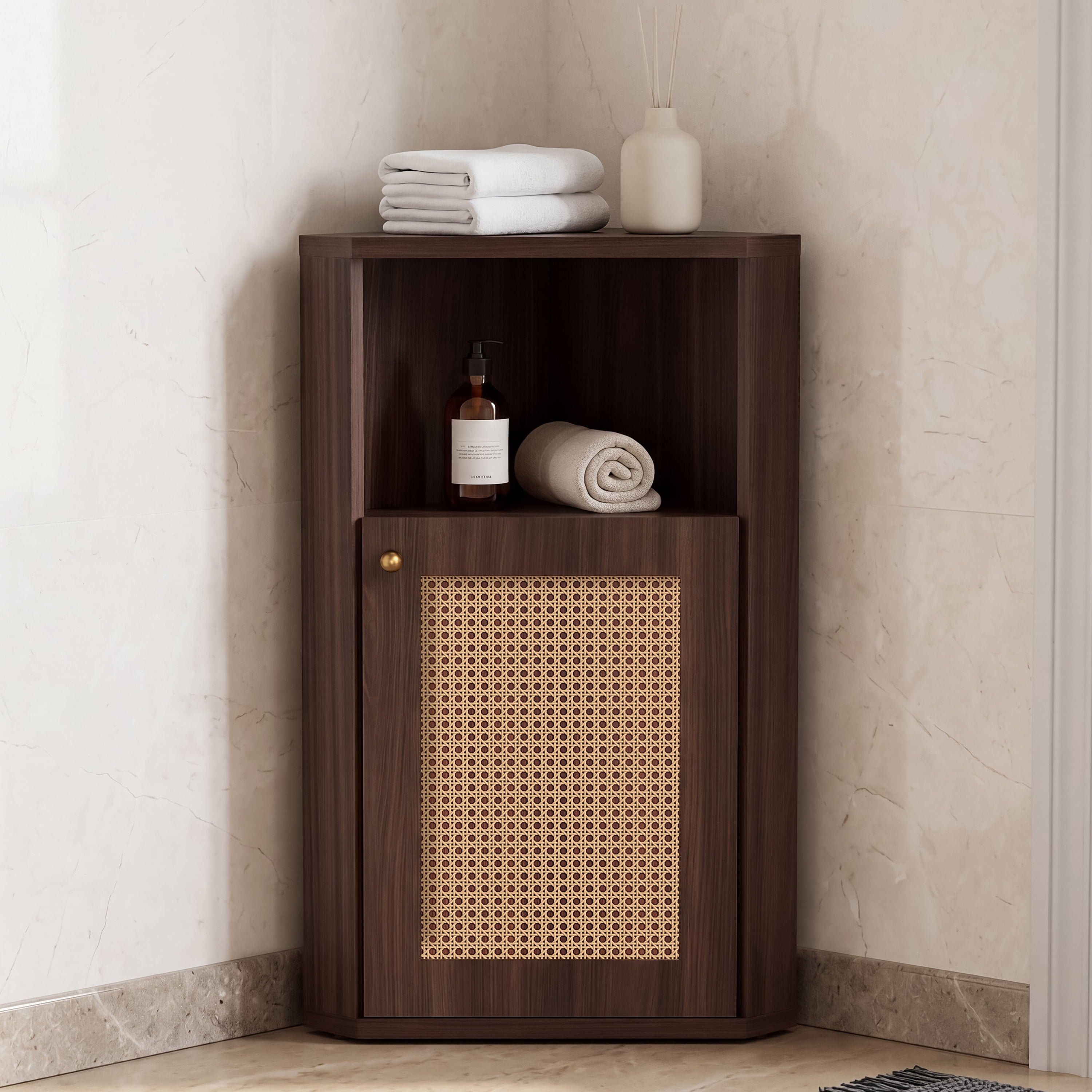 Mintazer Farmhouse Floor Corner Storage Cabinet with Open Storage, Barn Door & Adjustable Shelf for Bathroom, Living Room, Brown
