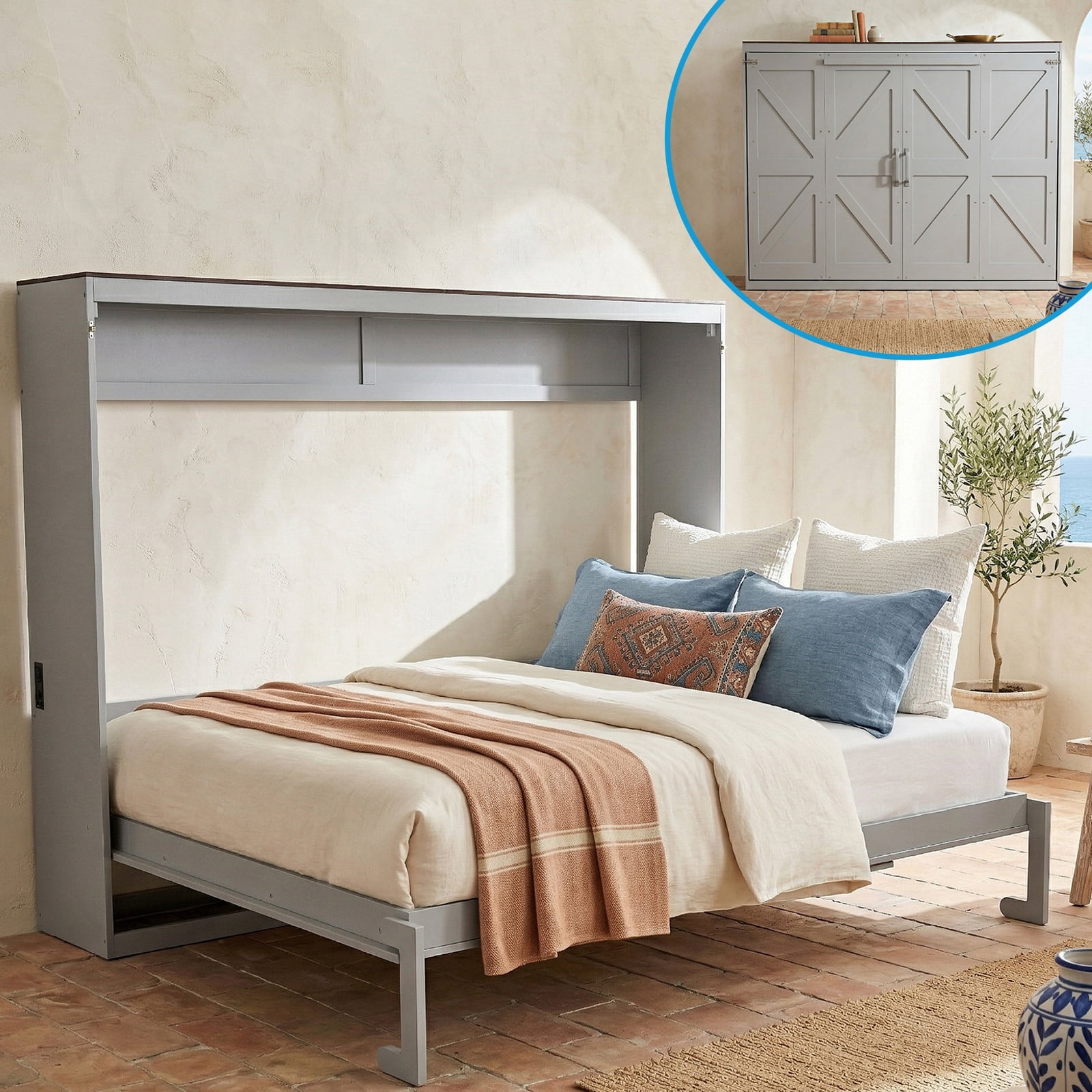 Mintazer Farmhouse Full Murphy Wall Bed with Barn Door & Charge Station, Folding Cabinet Bed for Home Office, Gray